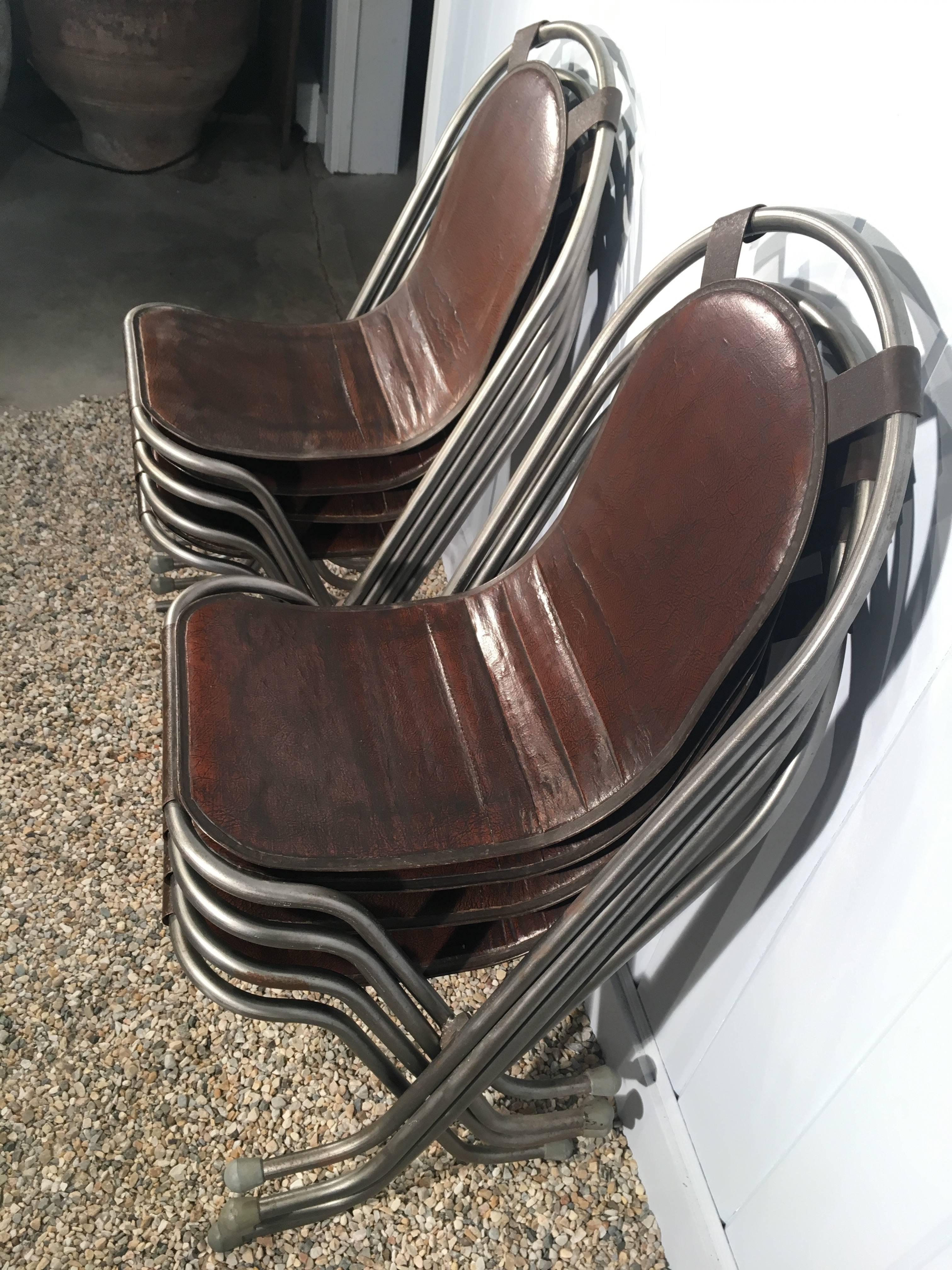 English Set of Eight Steel Stak-A-Bye Chairs with Original Naugahyde Seats For Sale