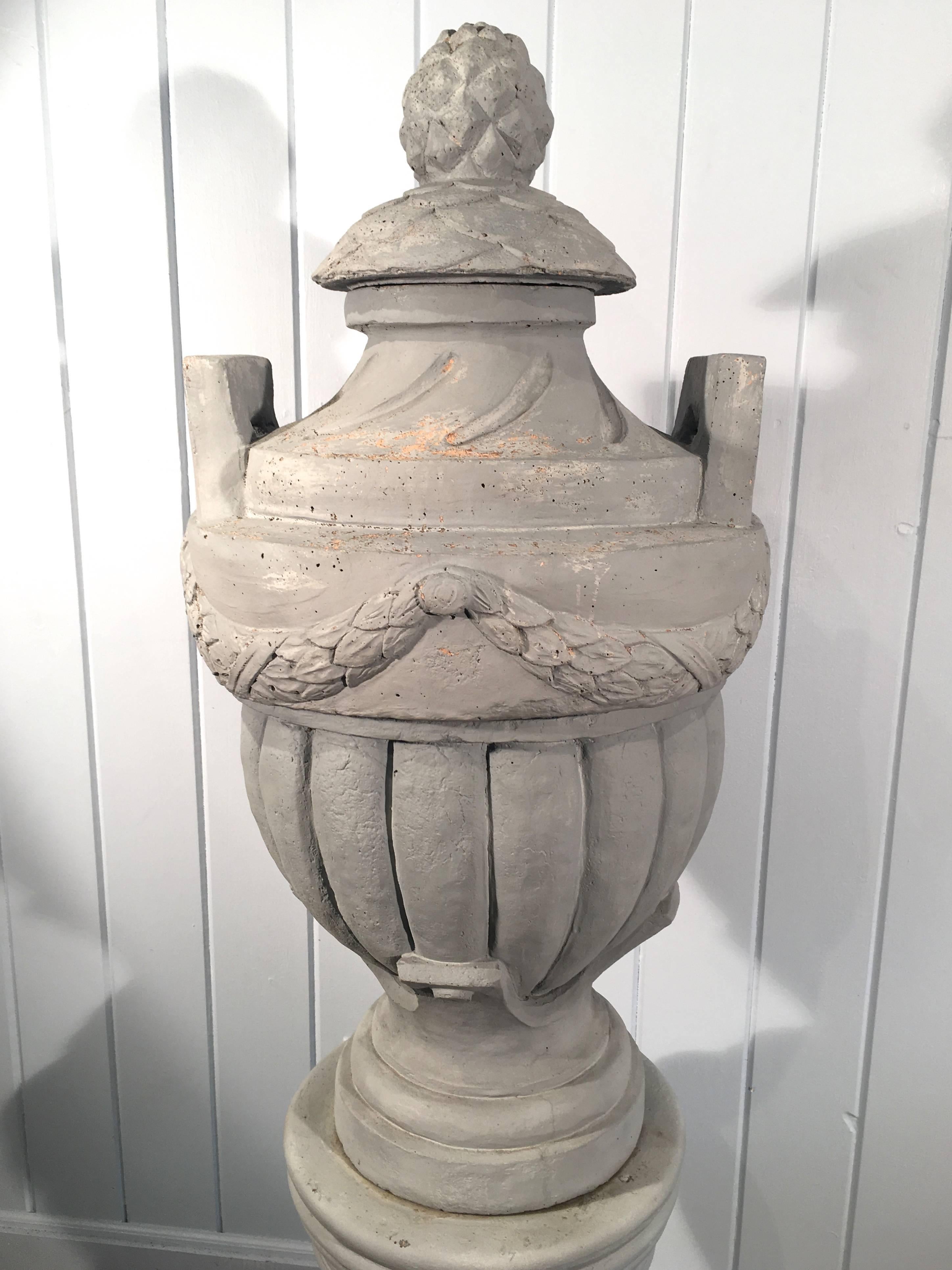 Neoclassical Cast Stone Greek-Form Solid Urn on 19the Century Terracotta Pedestal For Sale