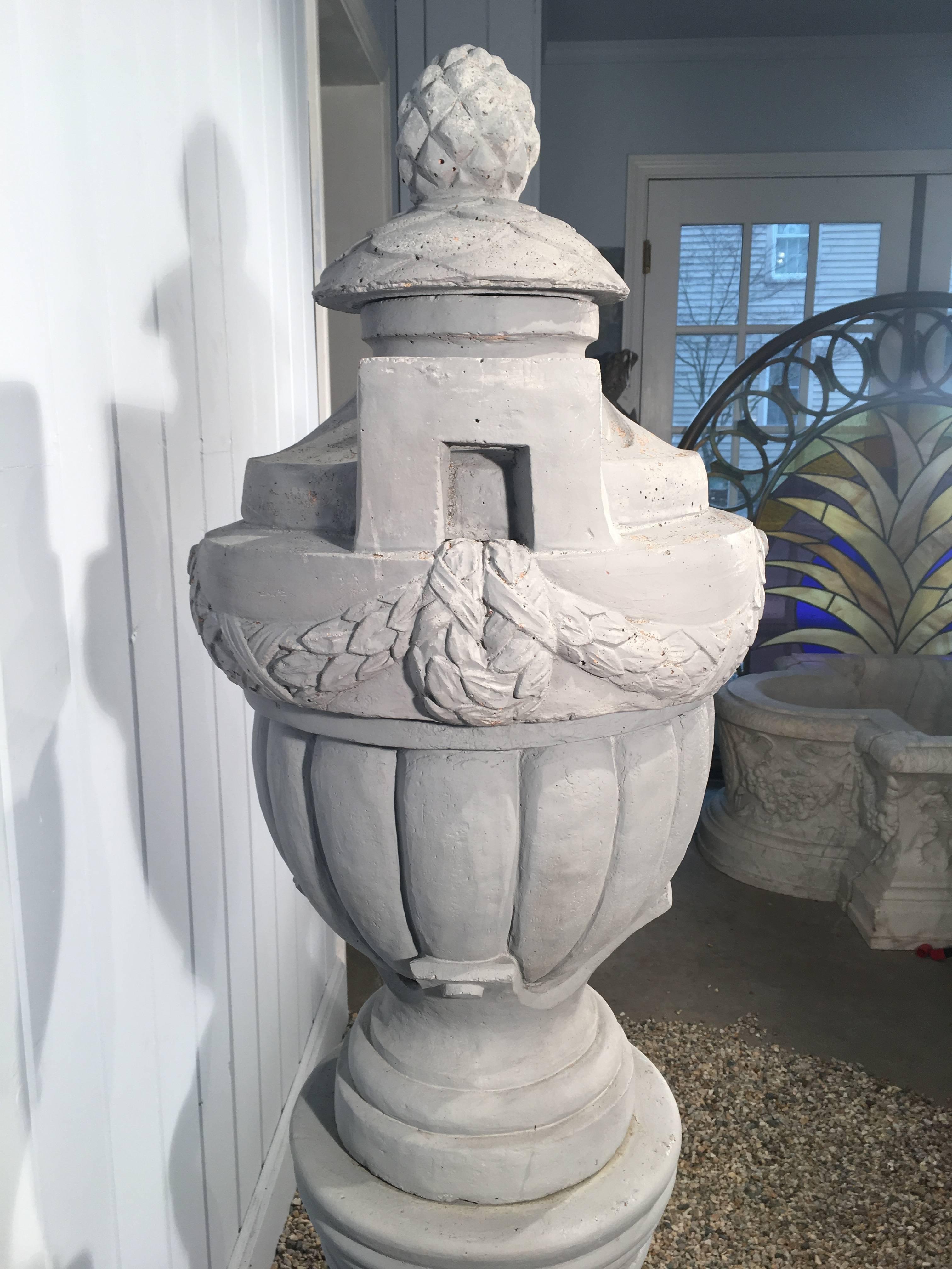 English Cast Stone Greek-Form Solid Urn on 19the Century Terracotta Pedestal For Sale