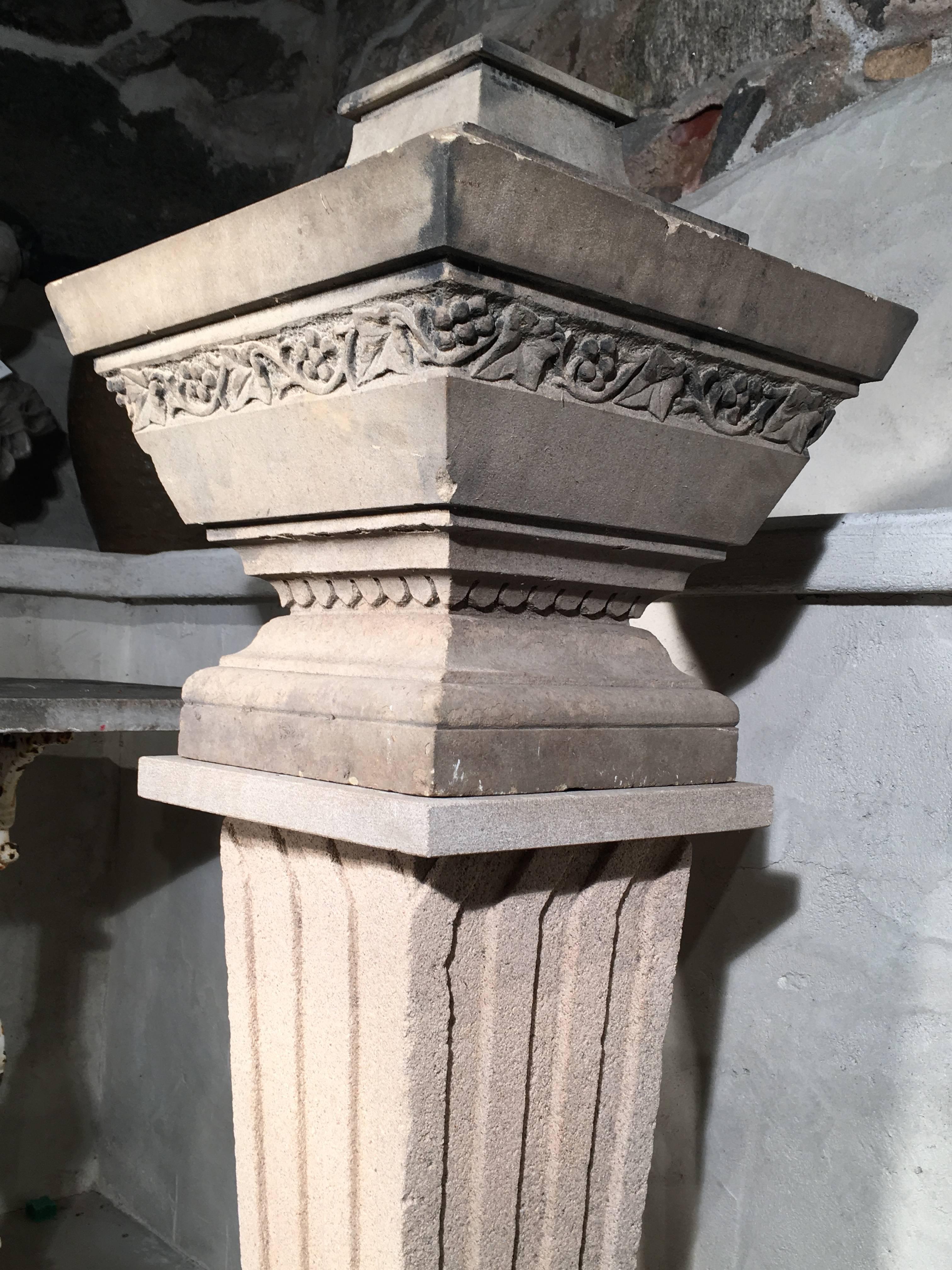 19th Century Solid Carved Stone English Urn on Fluted Cast Stone Pedestal