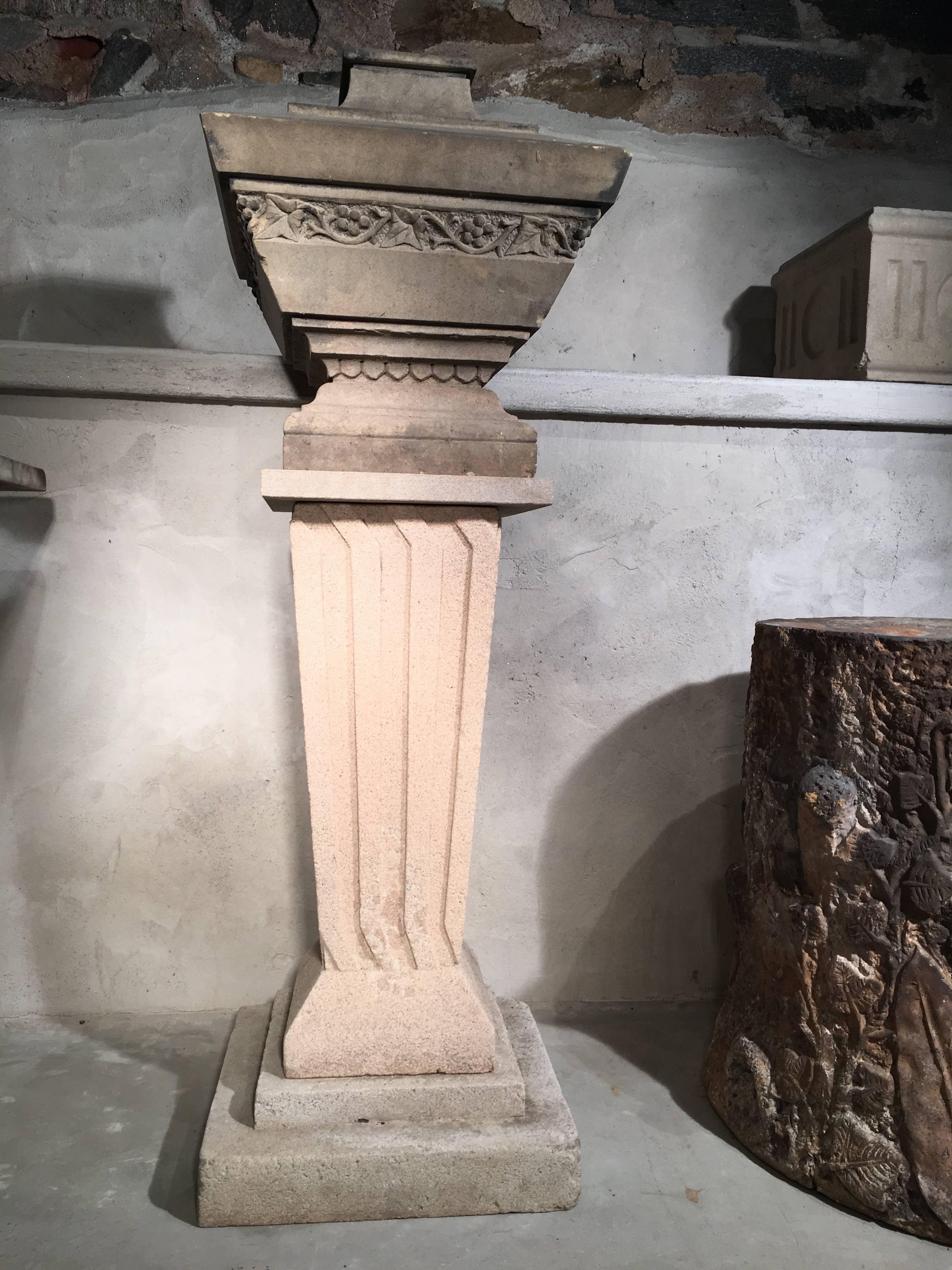 Solid Carved Stone English Urn on Fluted Cast Stone Pedestal In Good Condition In Woodbury, CT