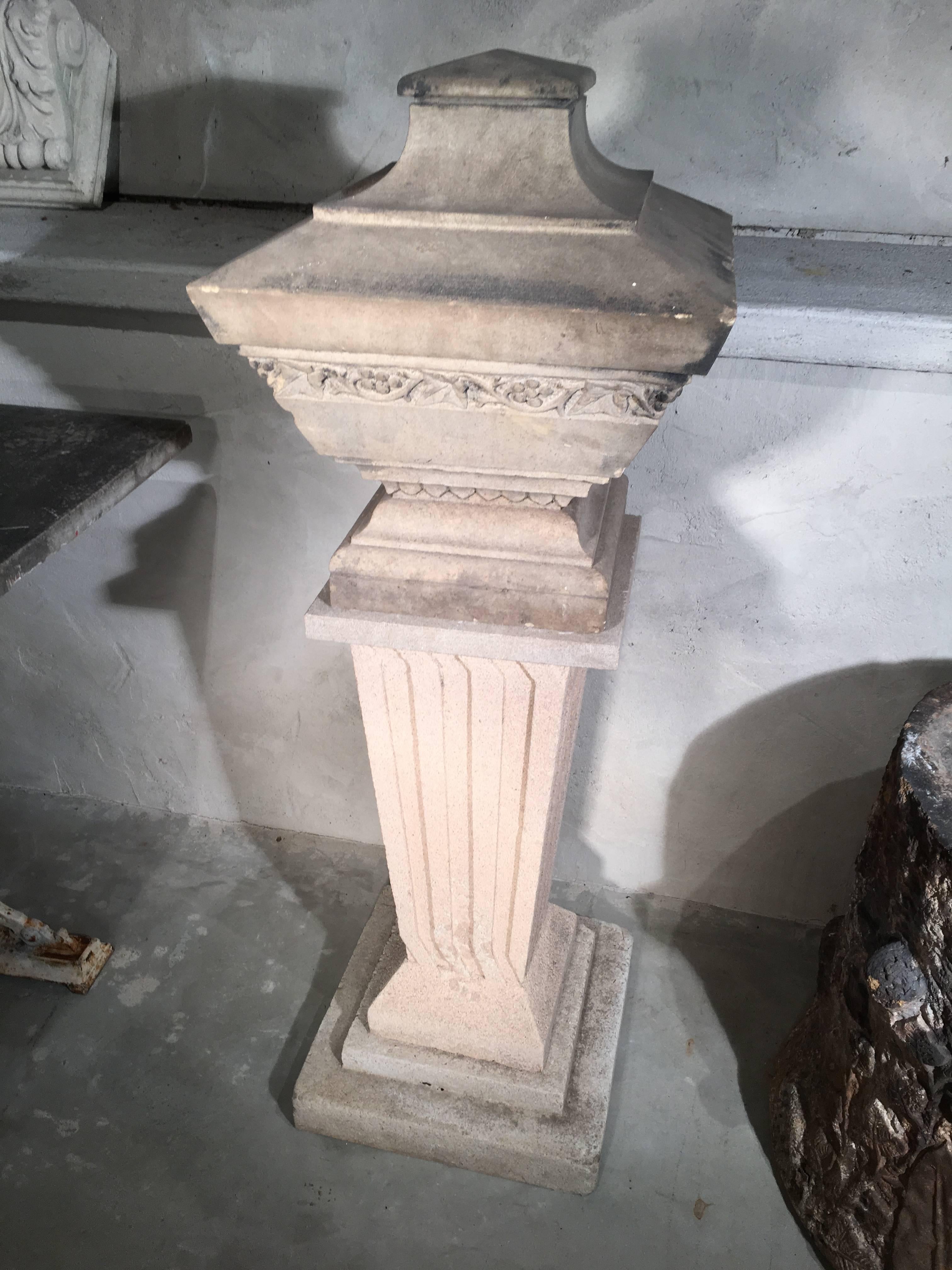 Hand-Carved Solid Carved Stone English Urn on Fluted Cast Stone Pedestal
