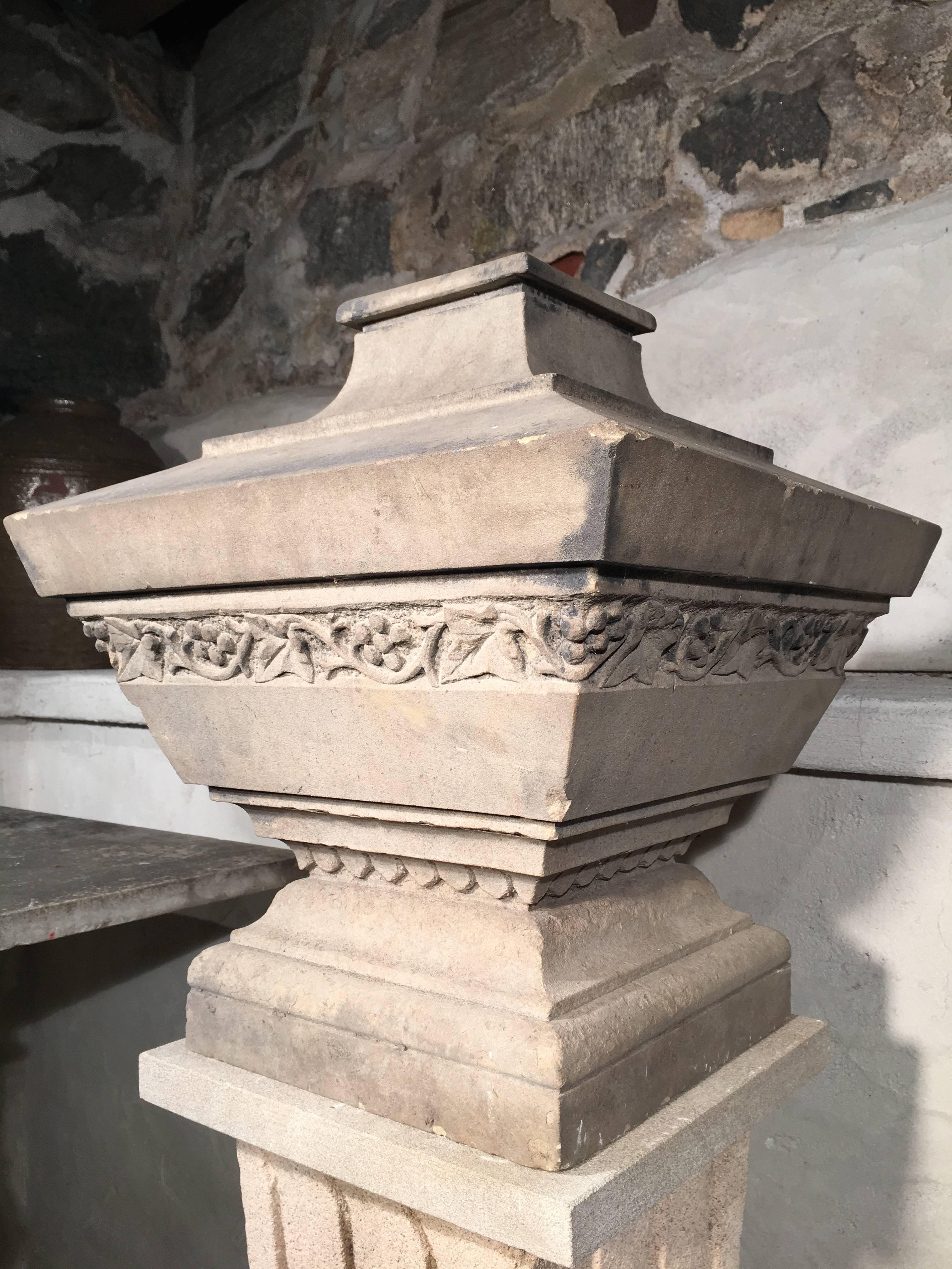 Solid Carved Stone English Urn on Fluted Cast Stone Pedestal 2