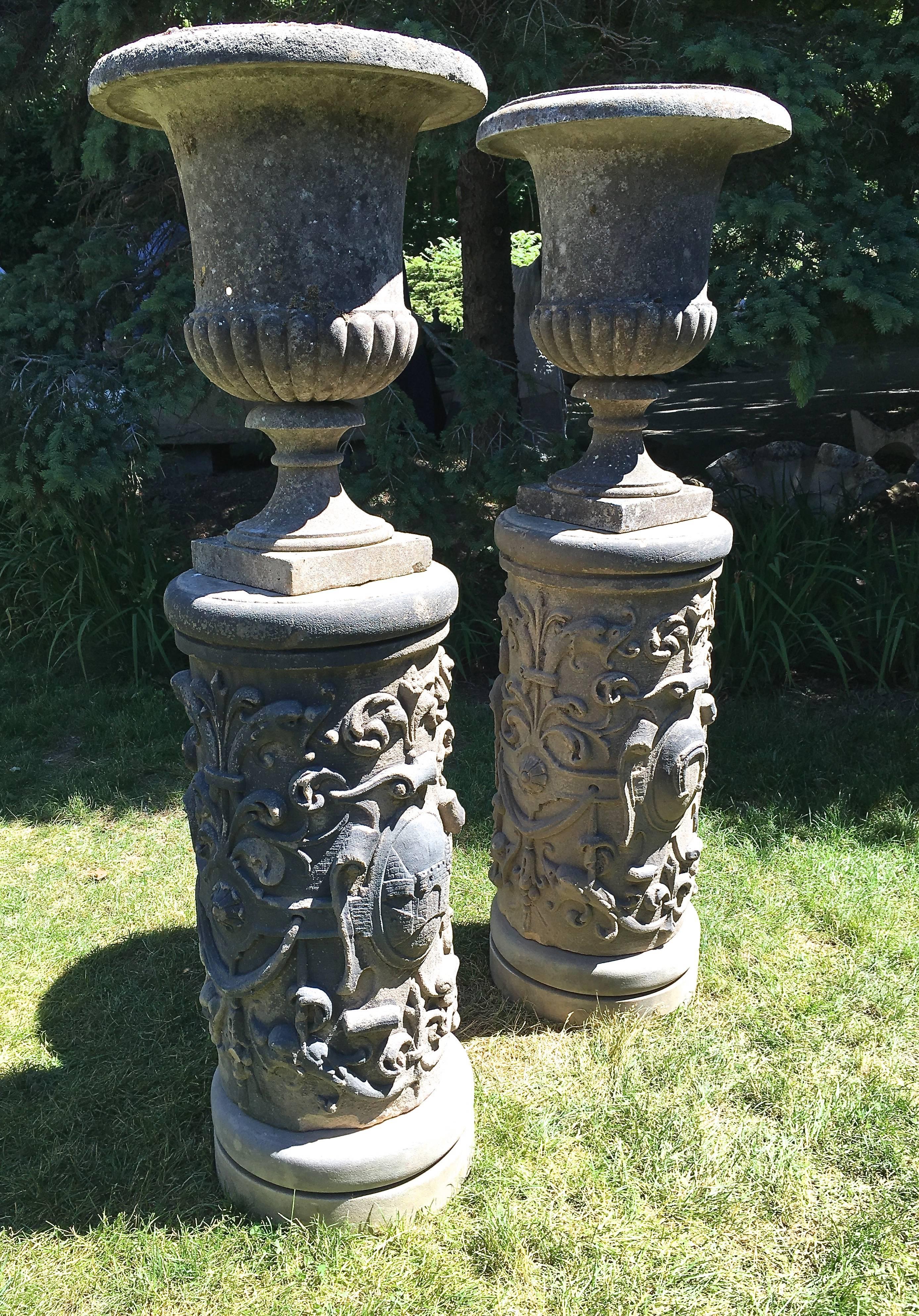 Renaissance Revival Pair of Tall English Cast Stone Urns on Exceptional 19th C Carved Pedestals For Sale