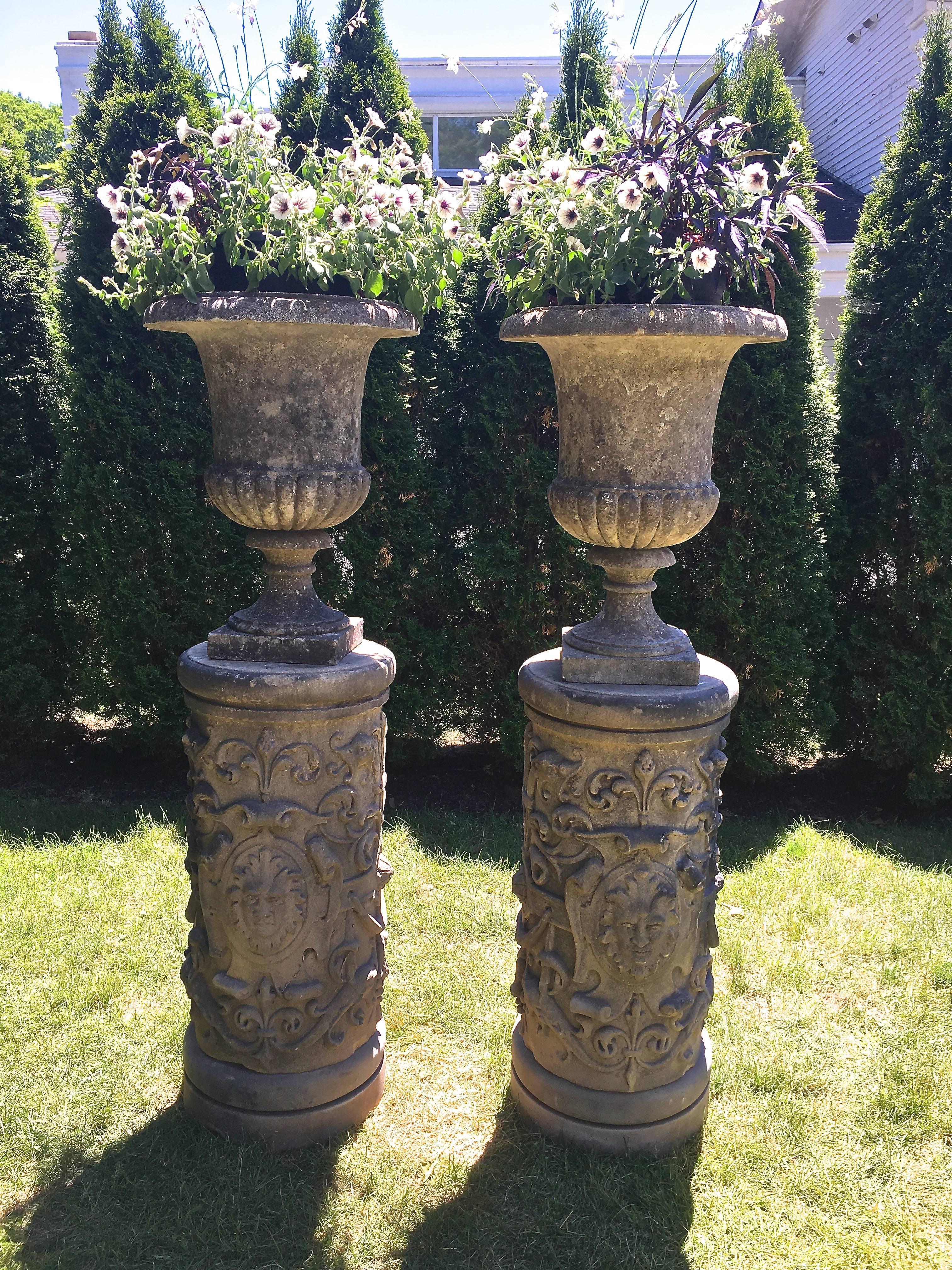 Hand-Carved Pair of Tall English Cast Stone Urns on Exceptional 19th C Carved Pedestals For Sale