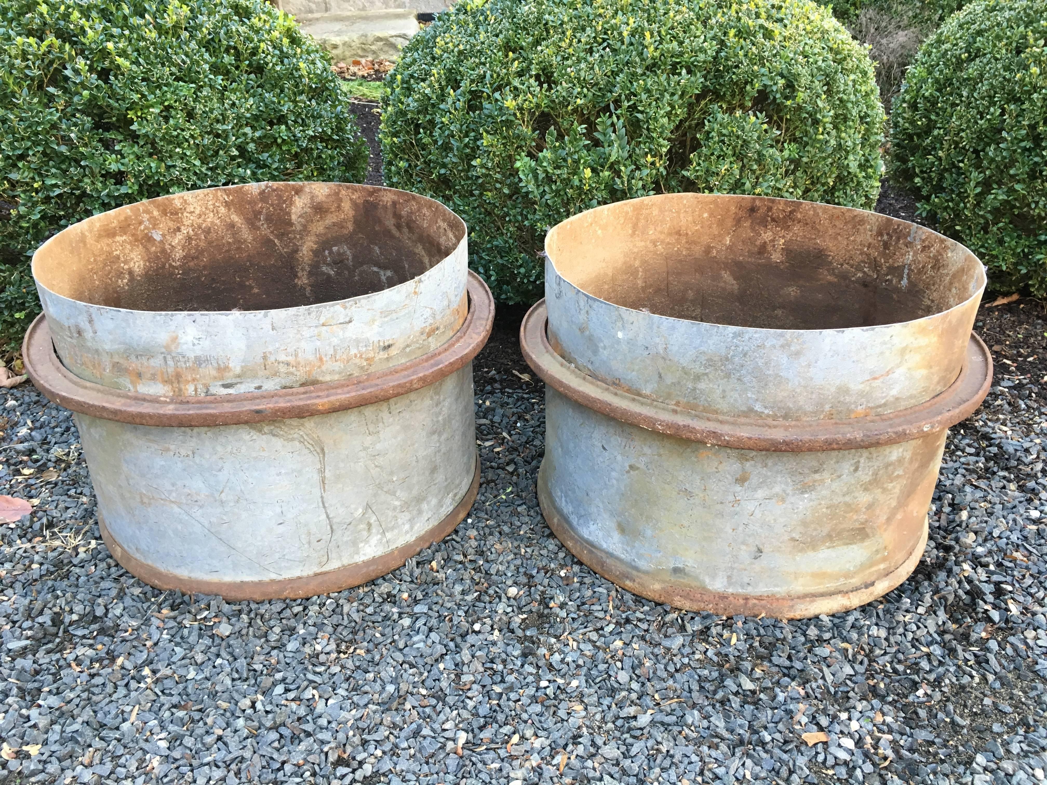 Steel Pair of French Industrial Tub Planters