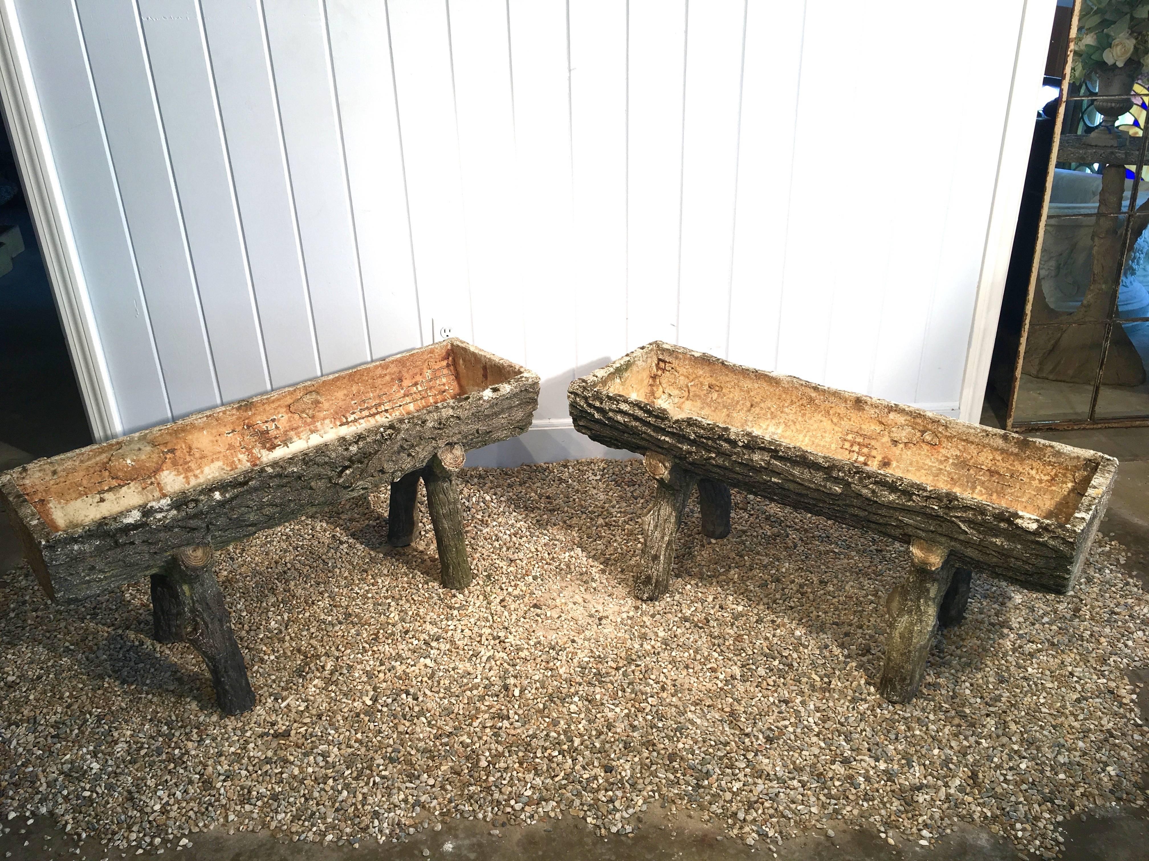 20th Century Pair of Authentic 1930s French Faux Bois Split-Log Planters on Legs