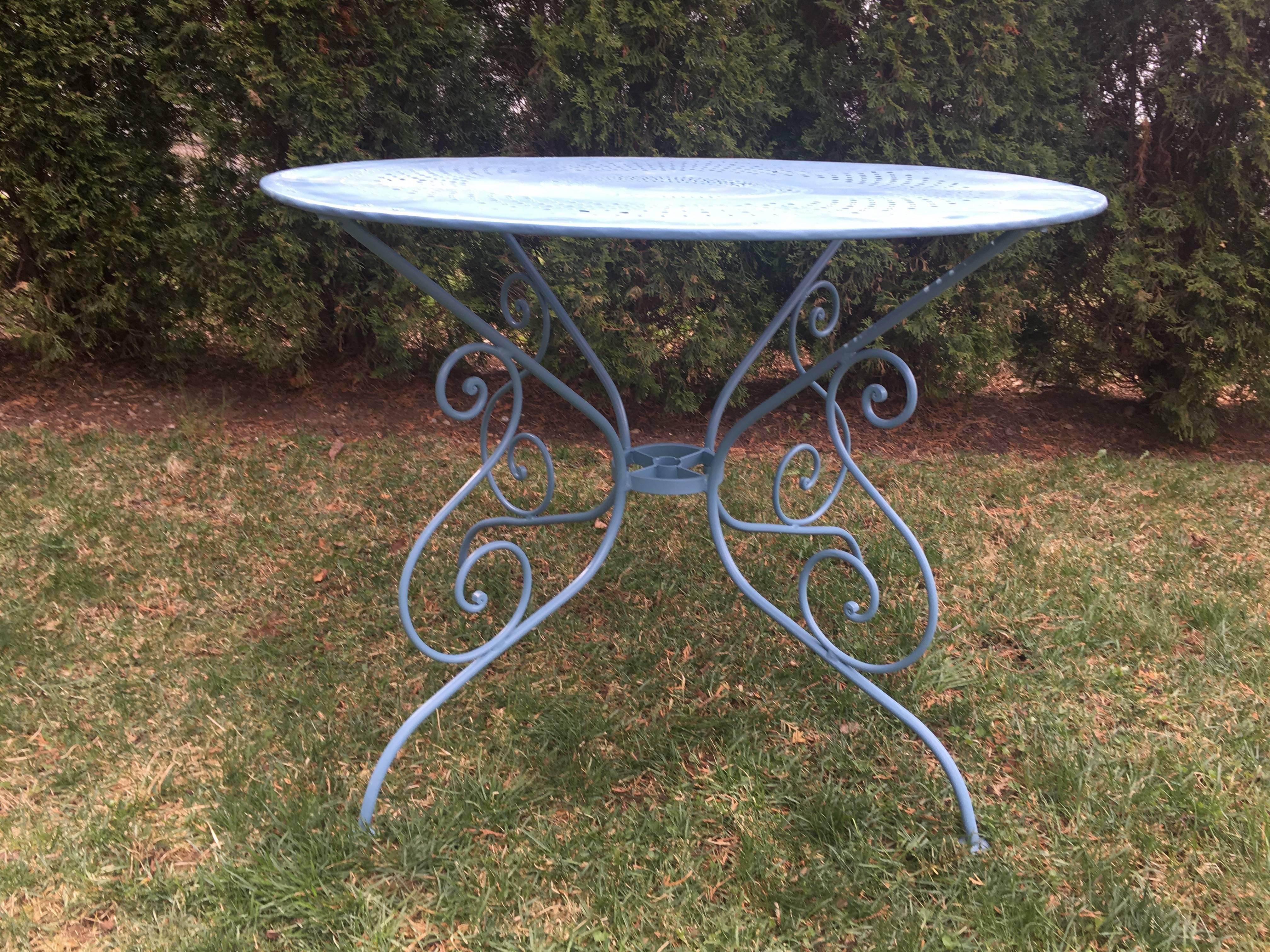 20th Century French Wrought Iron Five Piece Garden Dining Set with Round Table