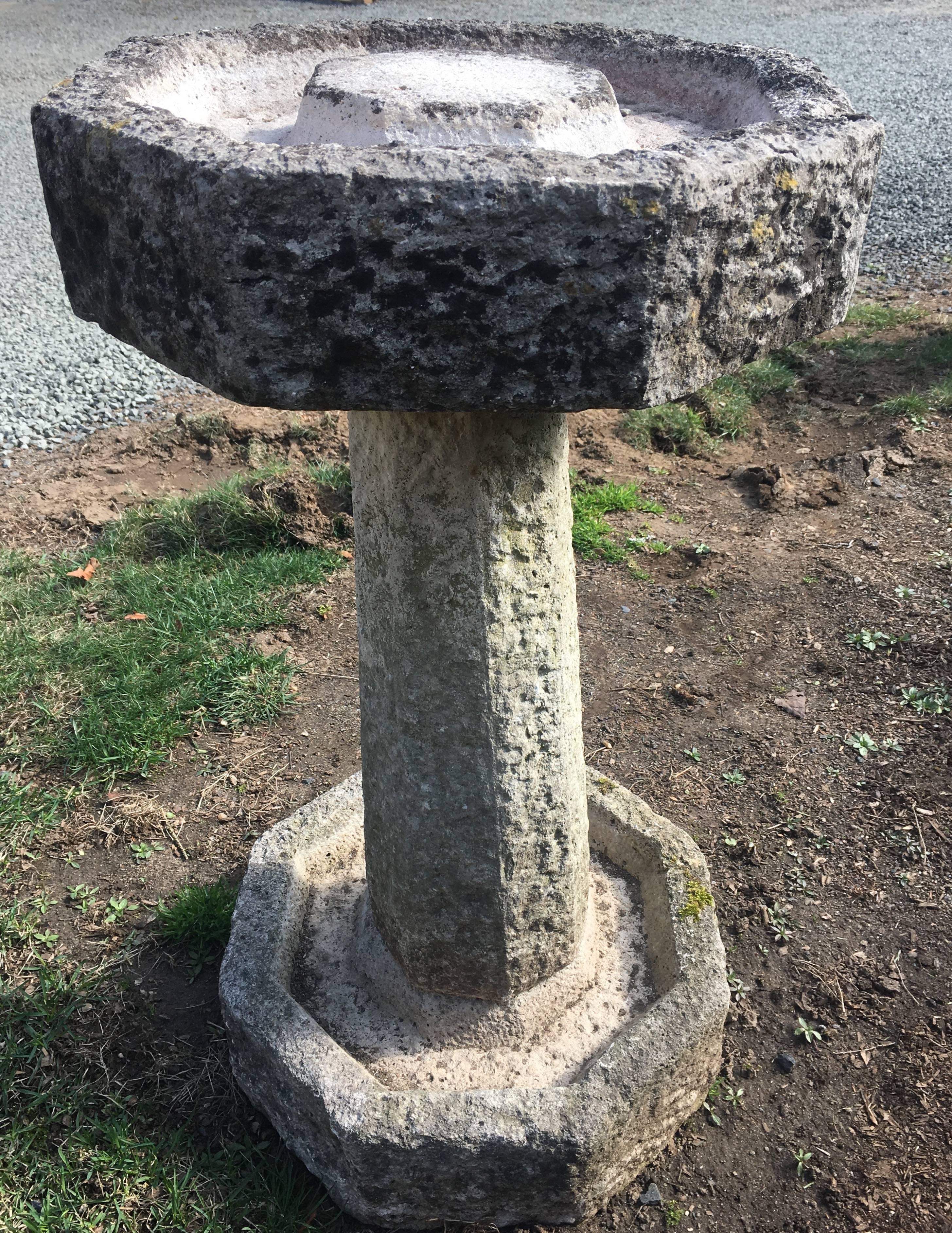 Edwardian Early 20th Century English Octagonal Carved Stone Birdbath