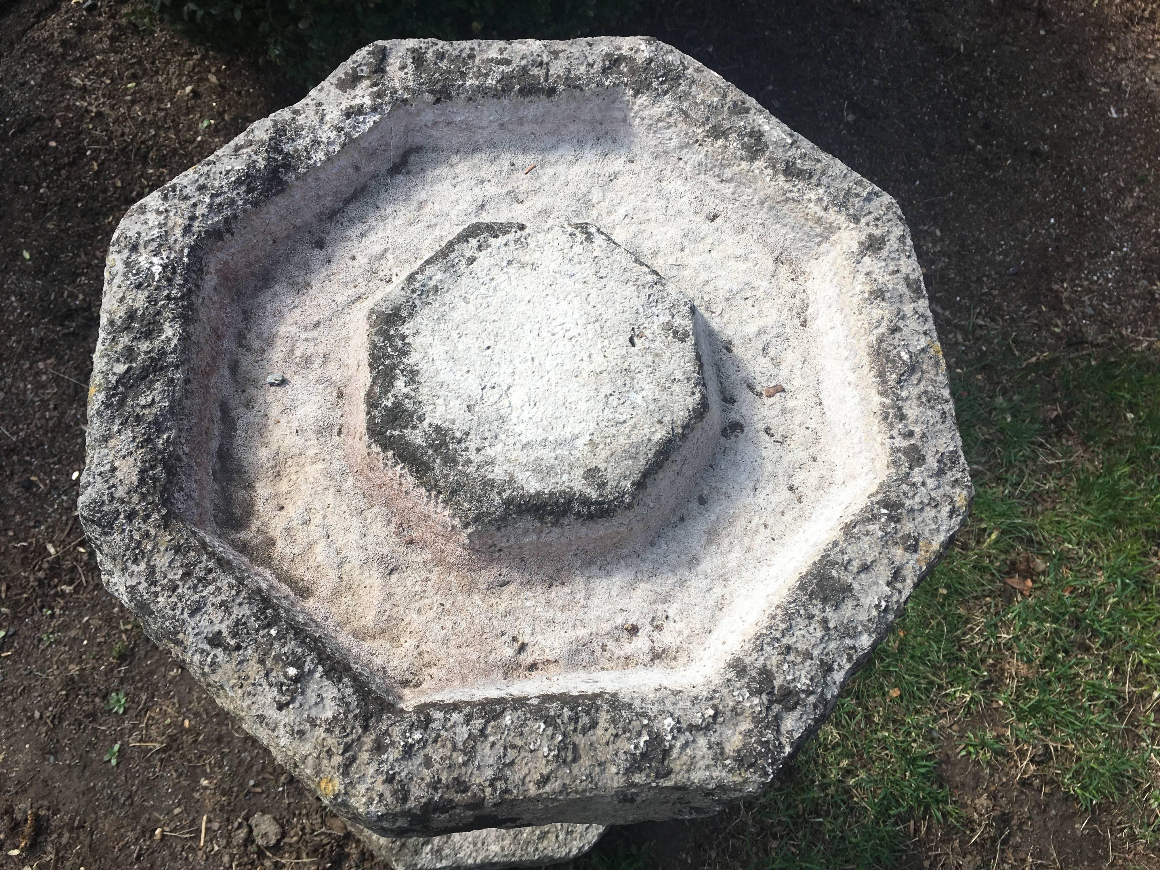 Early 20th Century English Octagonal Carved Stone Birdbath 2