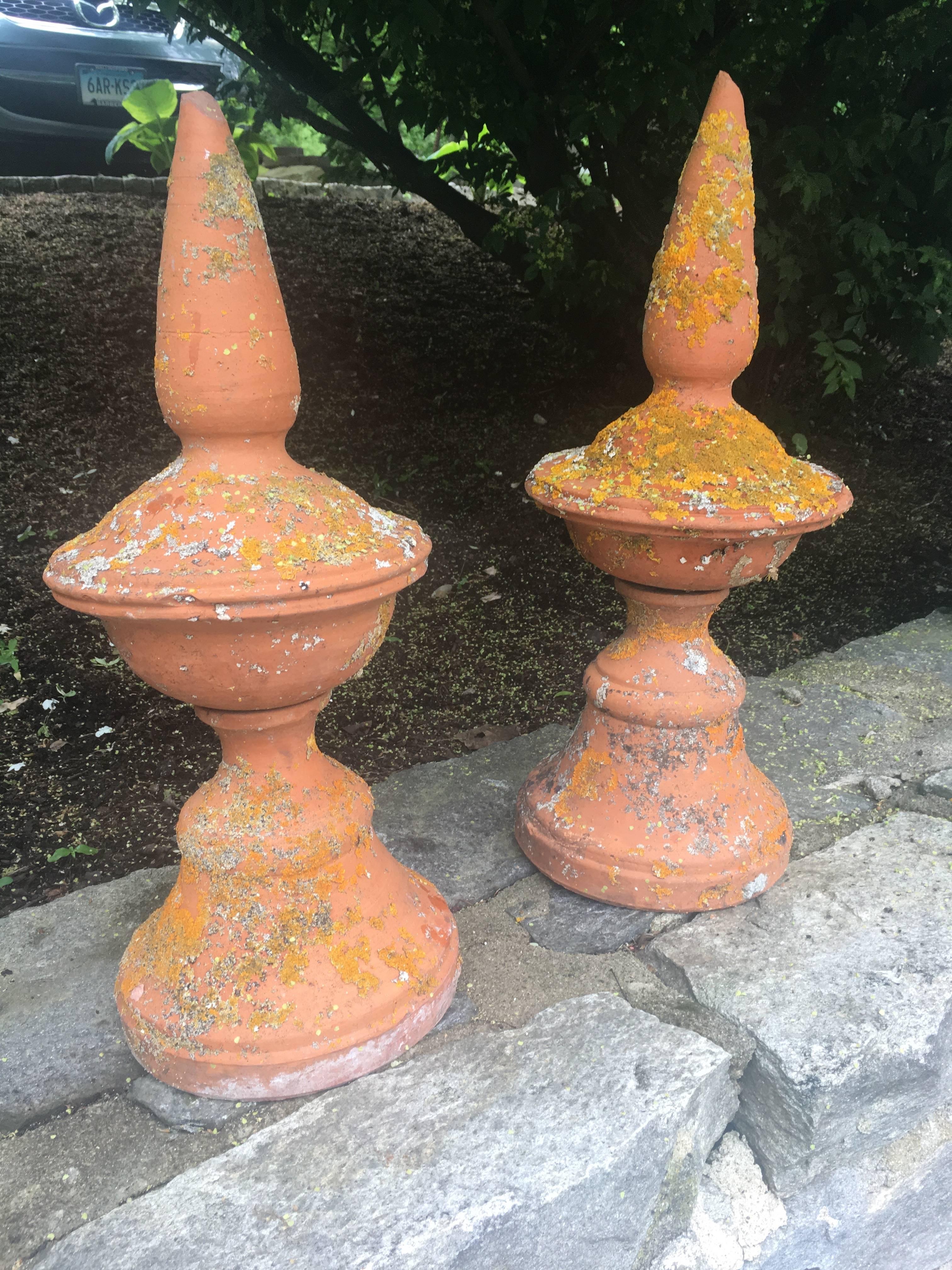 This beautiful pair of French terracotta finials has the most luscious orange lichened surface and would be perfect flanking a doorway, atop gate piers, or indie on a coffee table or mantlepiece. Both are in excellent age-appropriate condition, with