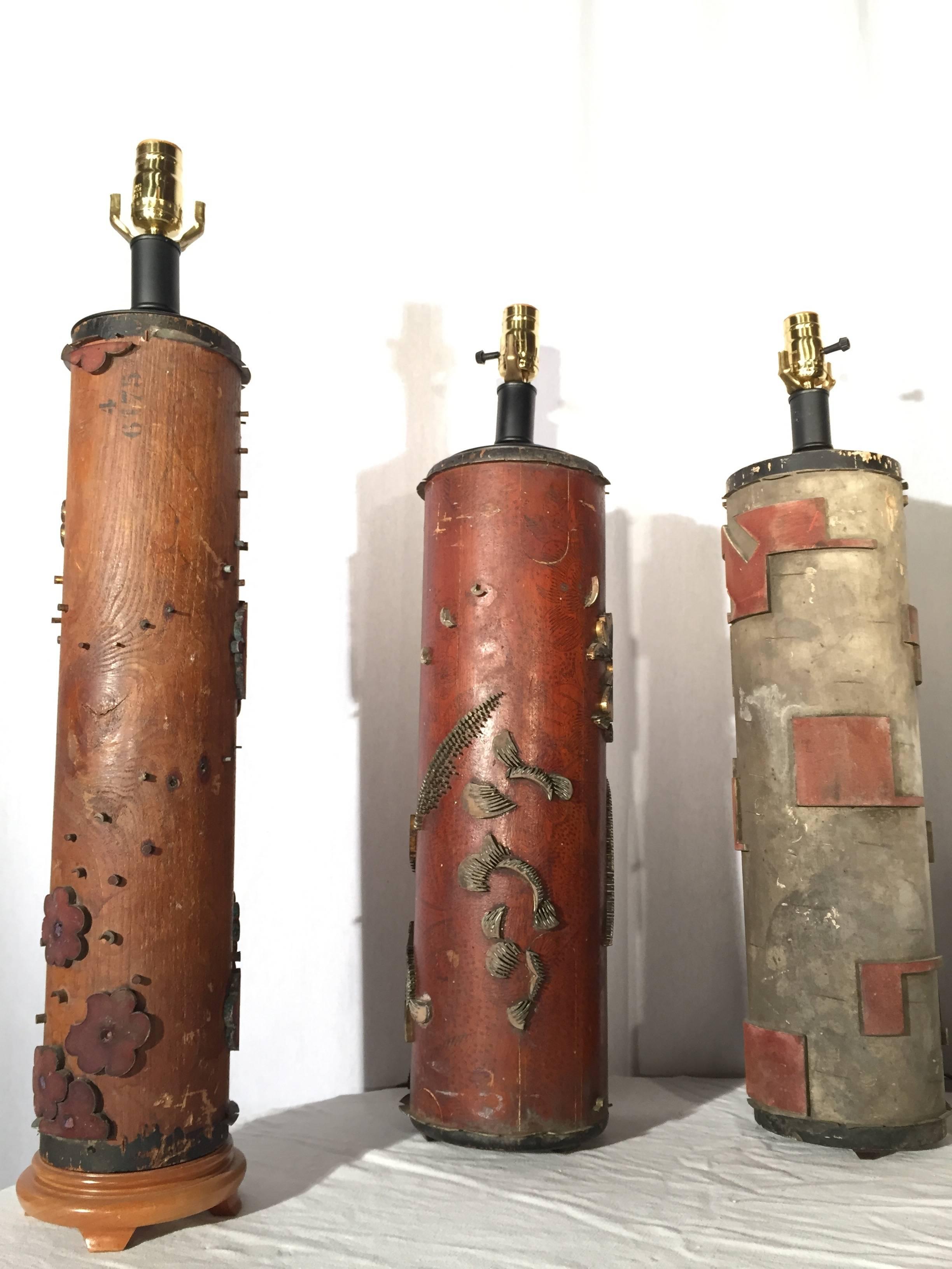 When wallpaper is printed by hand, separate rollers are made to each imprint a different color on the background. These vintage rollers from the 1930s are truly unusual and make great lamps that complement almost any decor. Ranging in height from