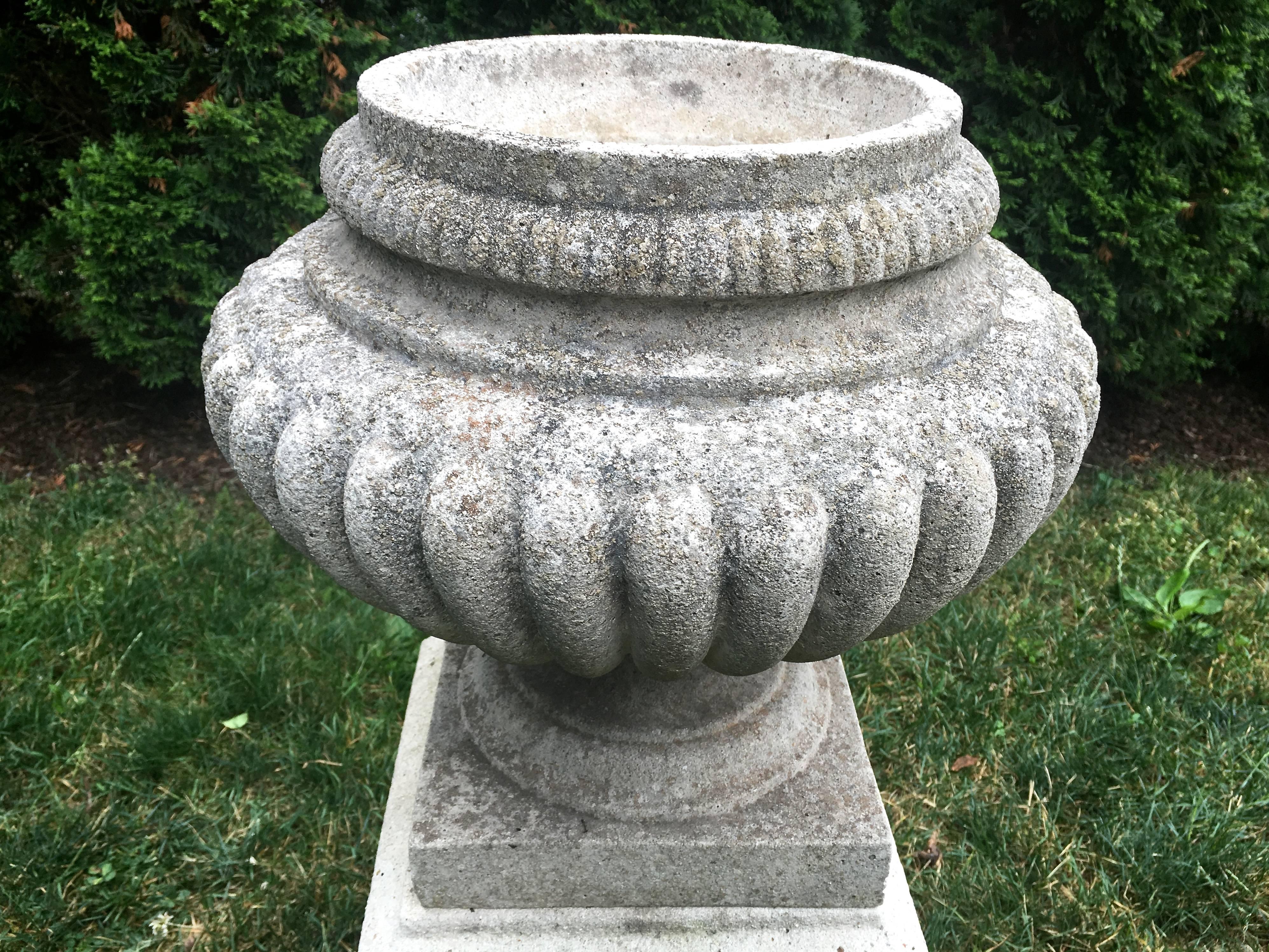 Great Britain (UK) English Cast Stone Melon Urn on Wreath-Decorated Plinth