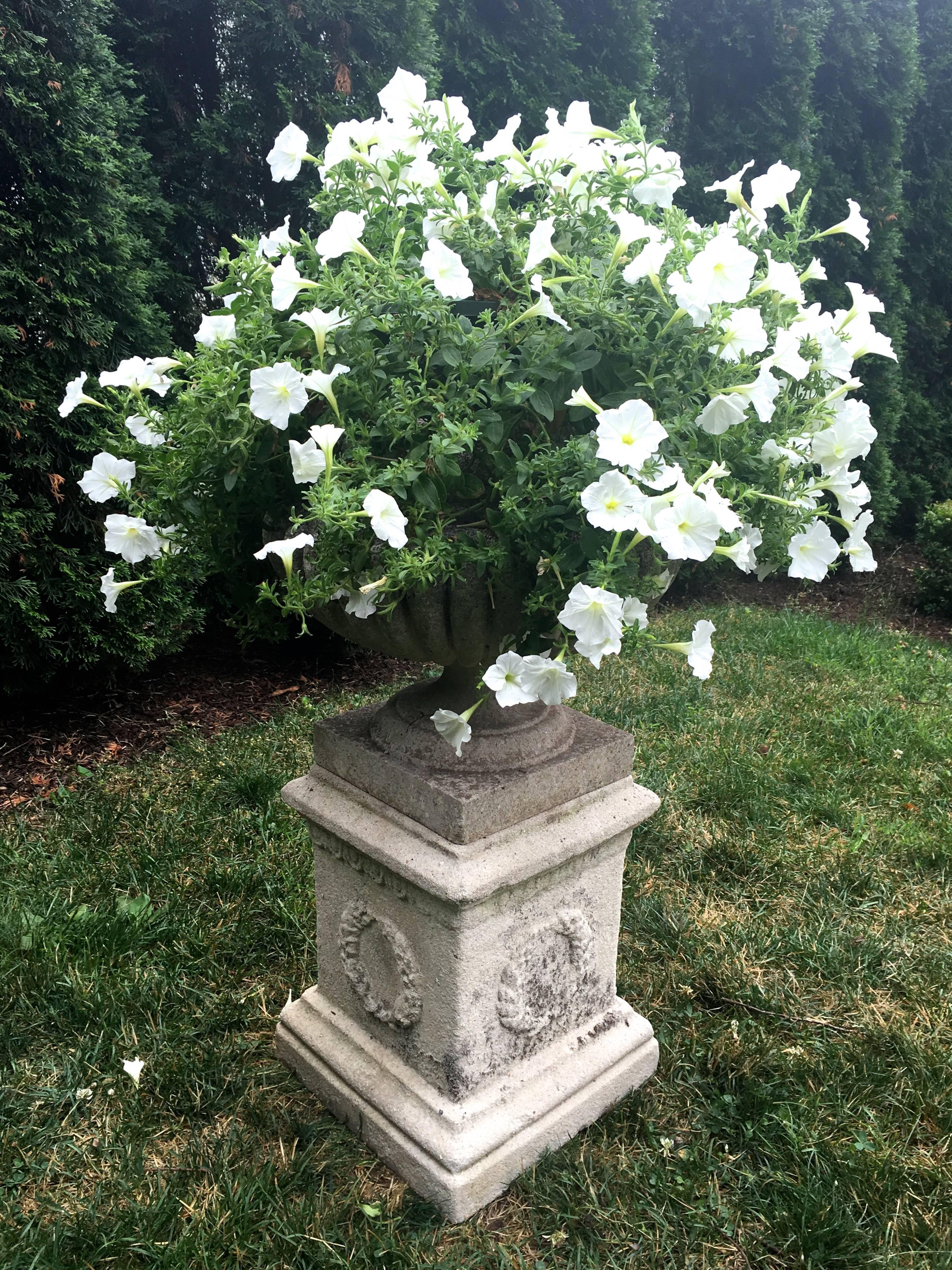 English Cast Stone Melon Urn on Wreath-Decorated Plinth 1