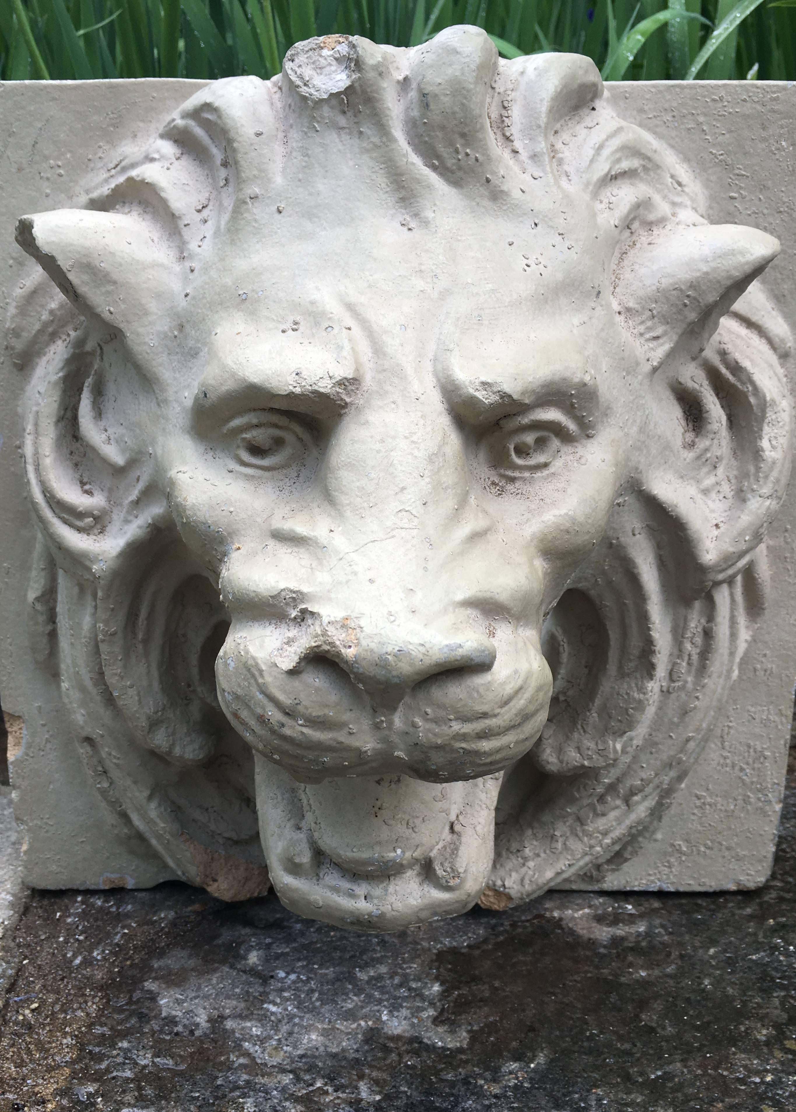 Pair of 19th Century Stoneware Lion Fountain Masks For Sale 1