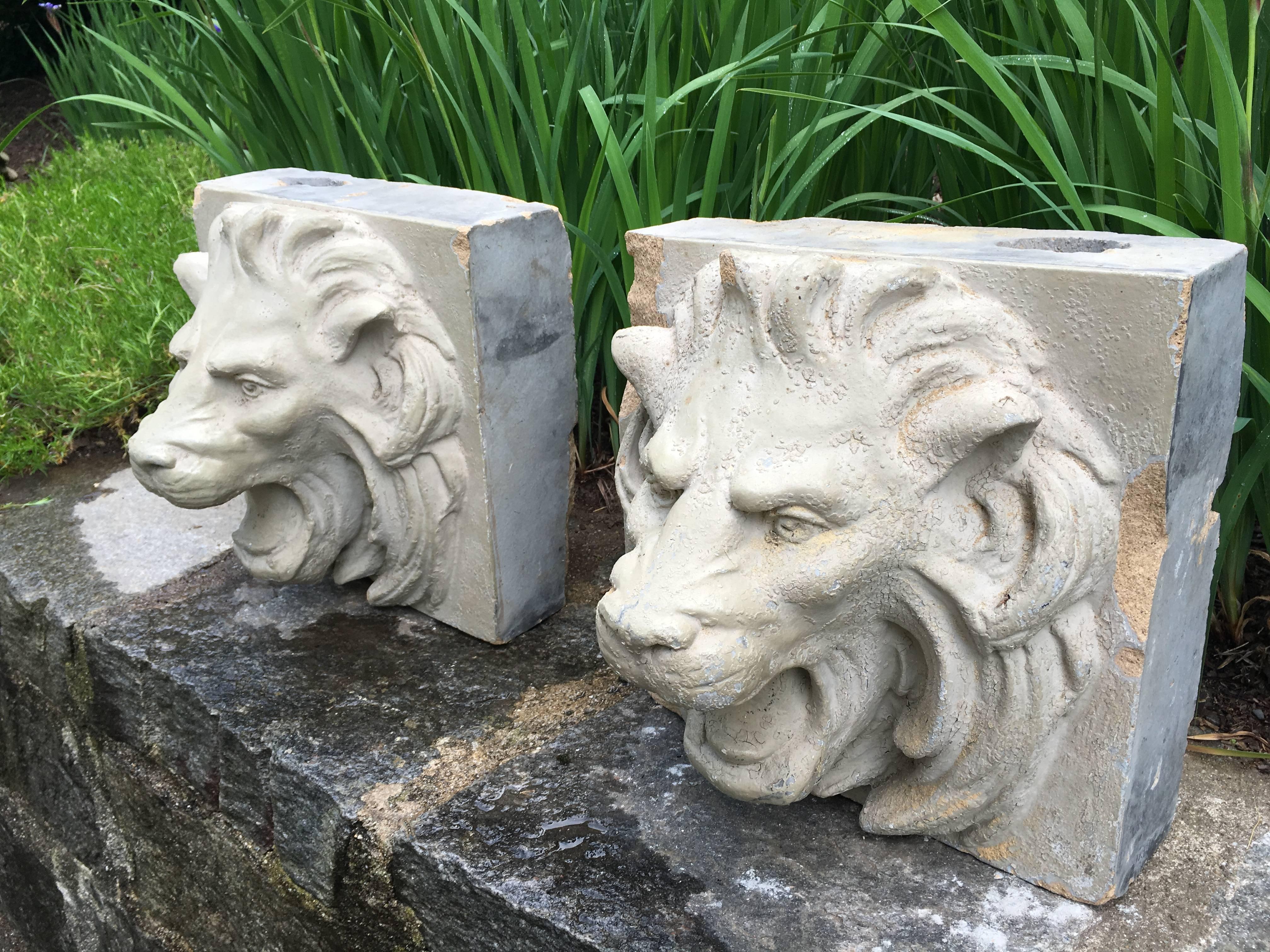 Neoclassical Revival Pair of 19th Century Stoneware Lion Fountain Masks For Sale