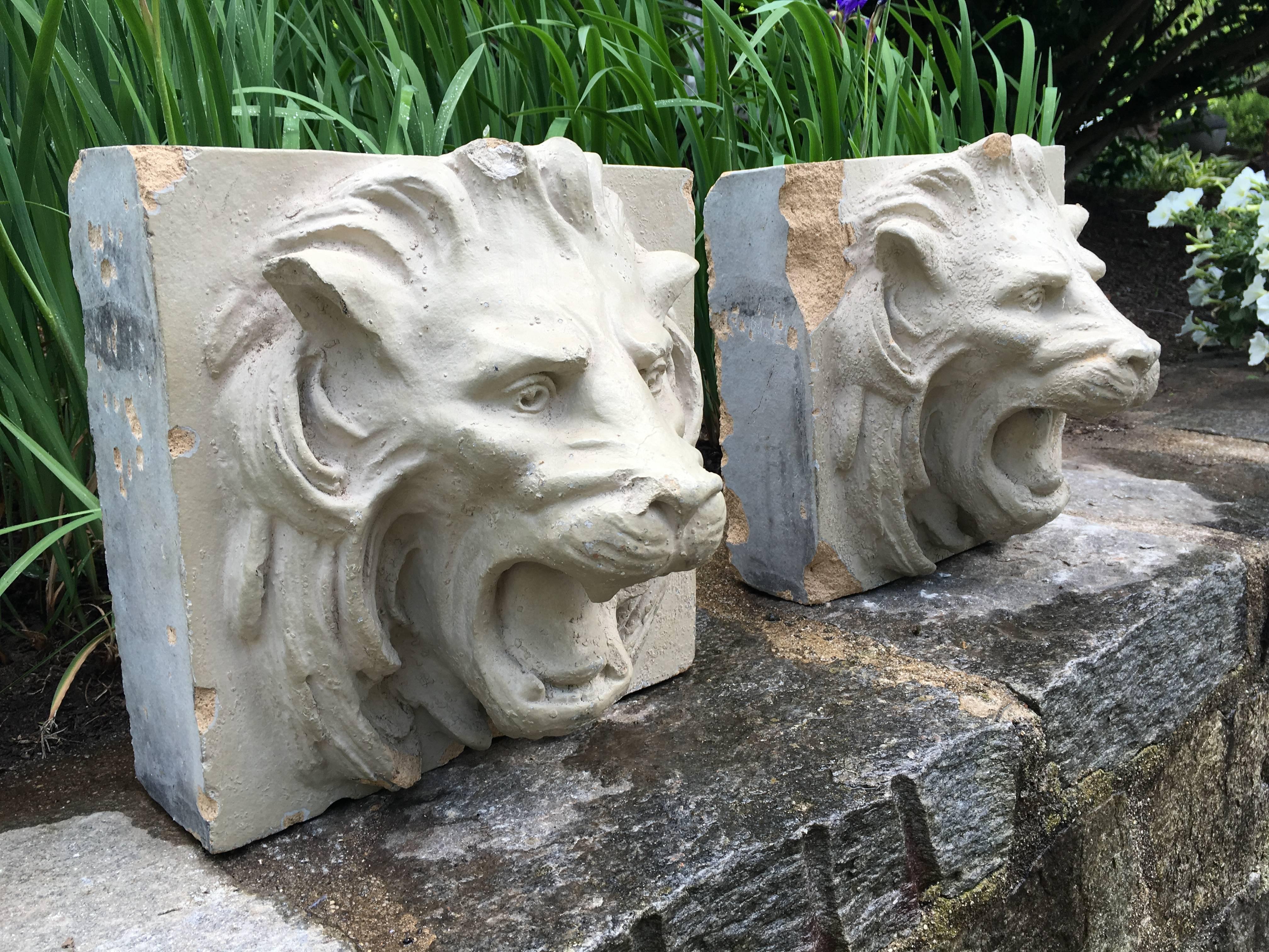 American Pair of 19th Century Stoneware Lion Fountain Masks For Sale