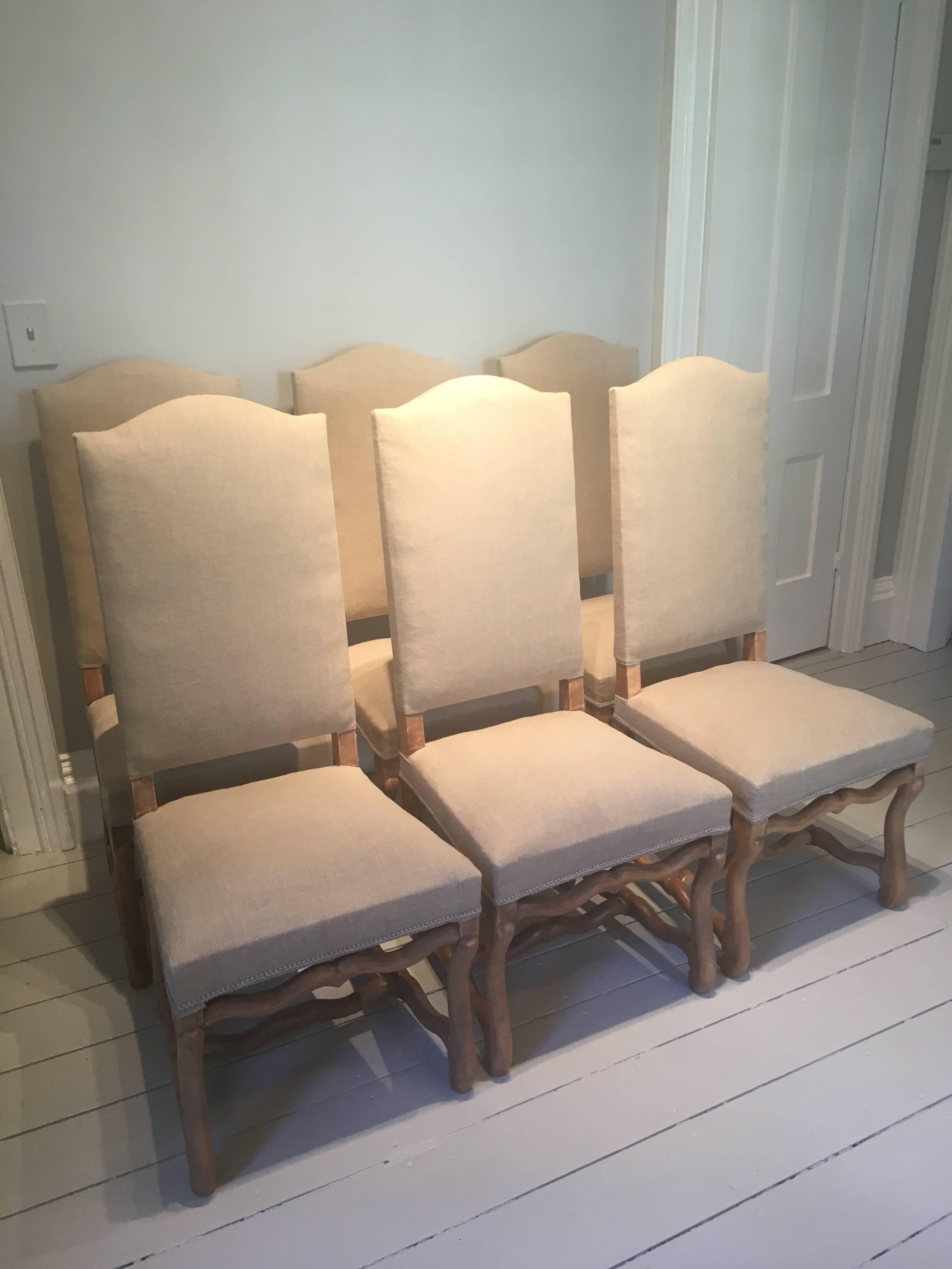 Hand-Crafted Set of Six Beech Louis XIII-Style Os De Mouton Dining Chairs