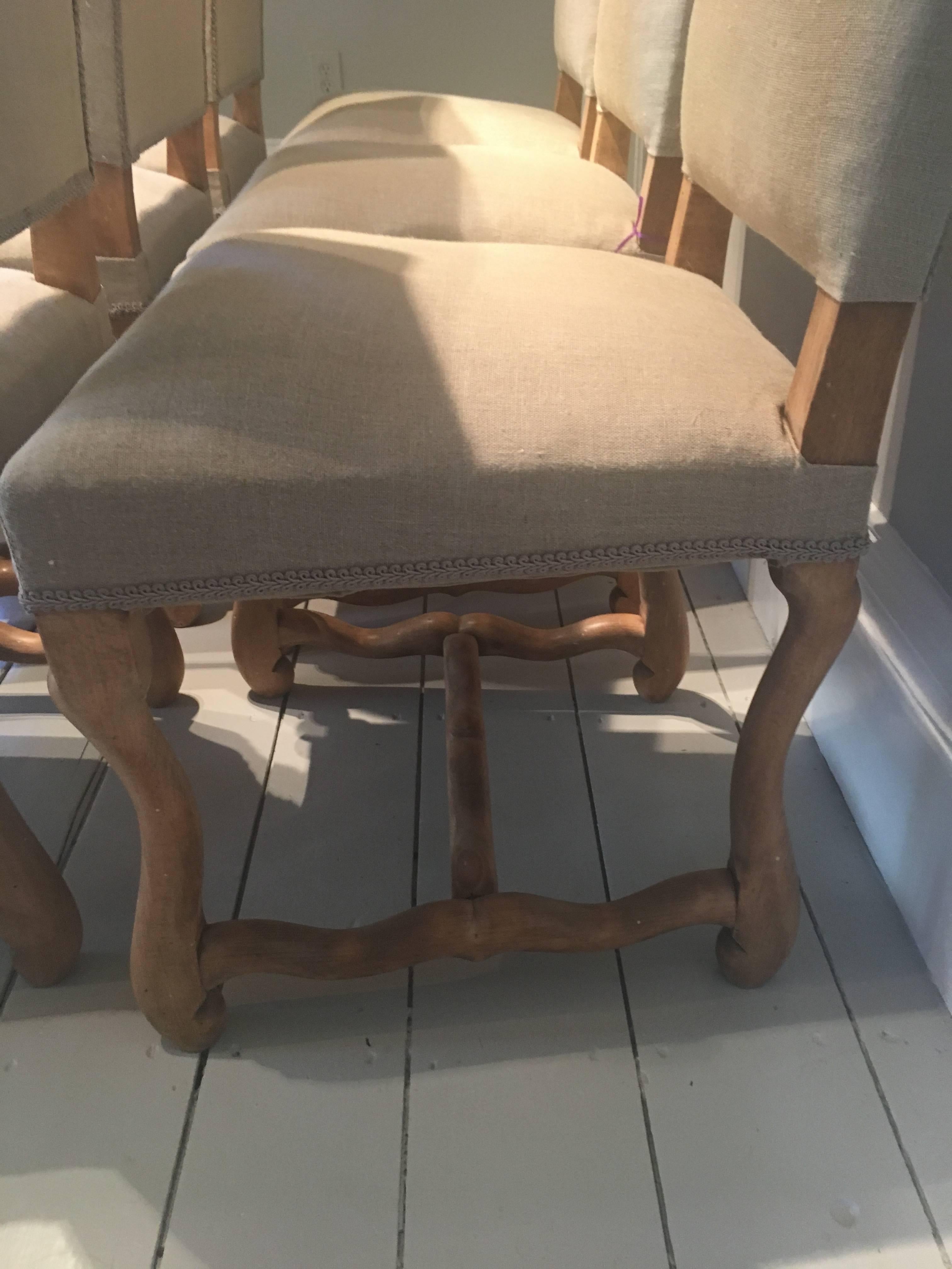 Linen Set of Six Beech Louis XIII-Style Os De Mouton Dining Chairs