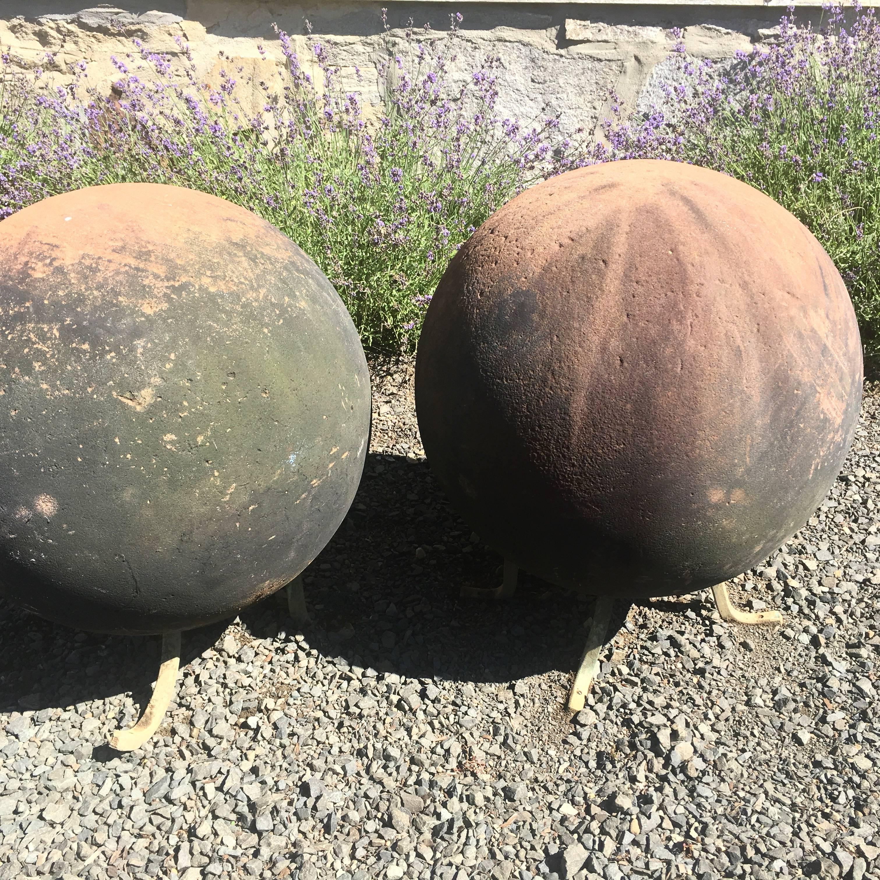 Great Britain (UK) Pair of Huge English Carved Sandstone Balls on Bronze Feet