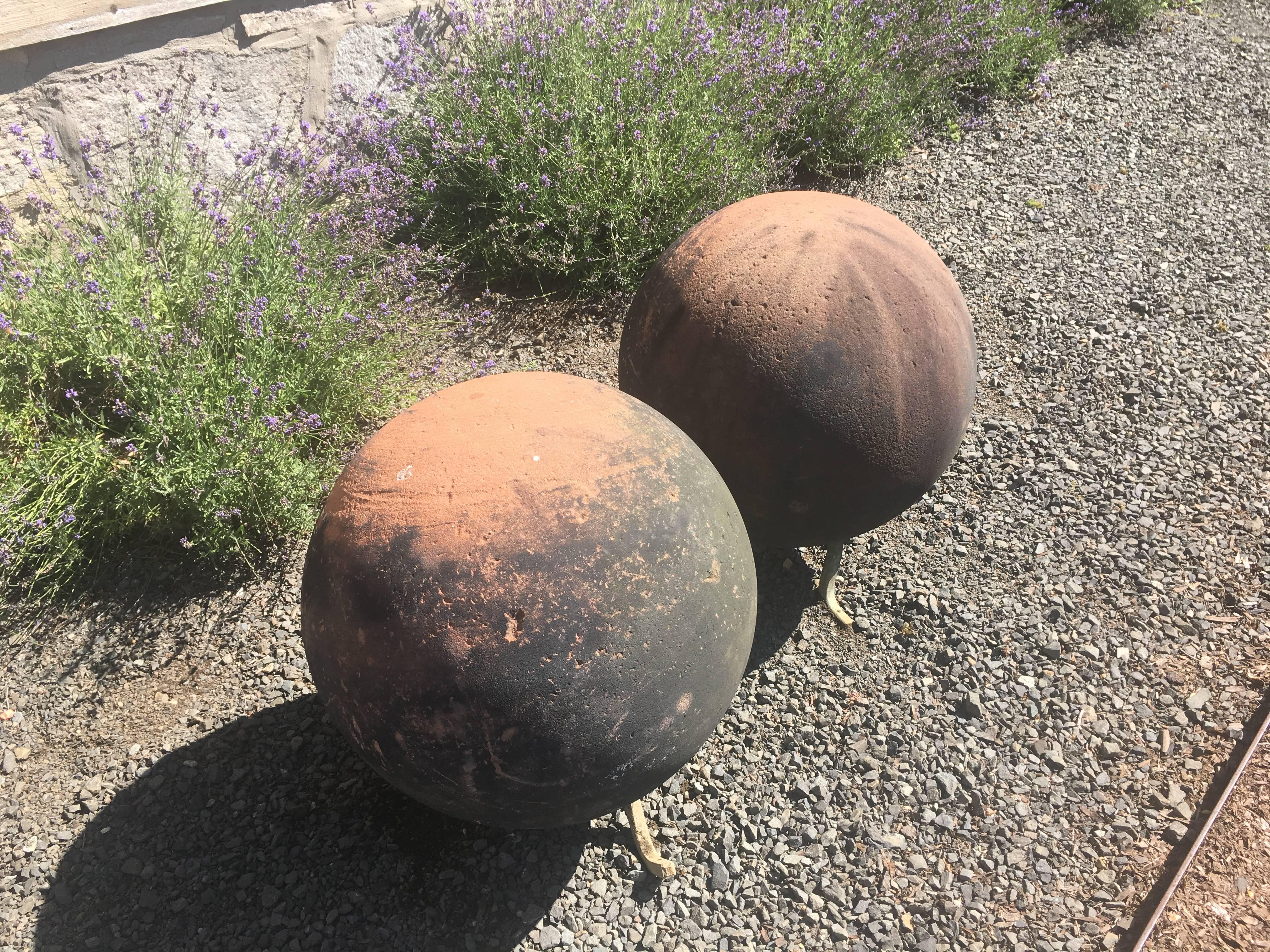 19th Century Pair of Huge English Carved Sandstone Balls on Bronze Feet