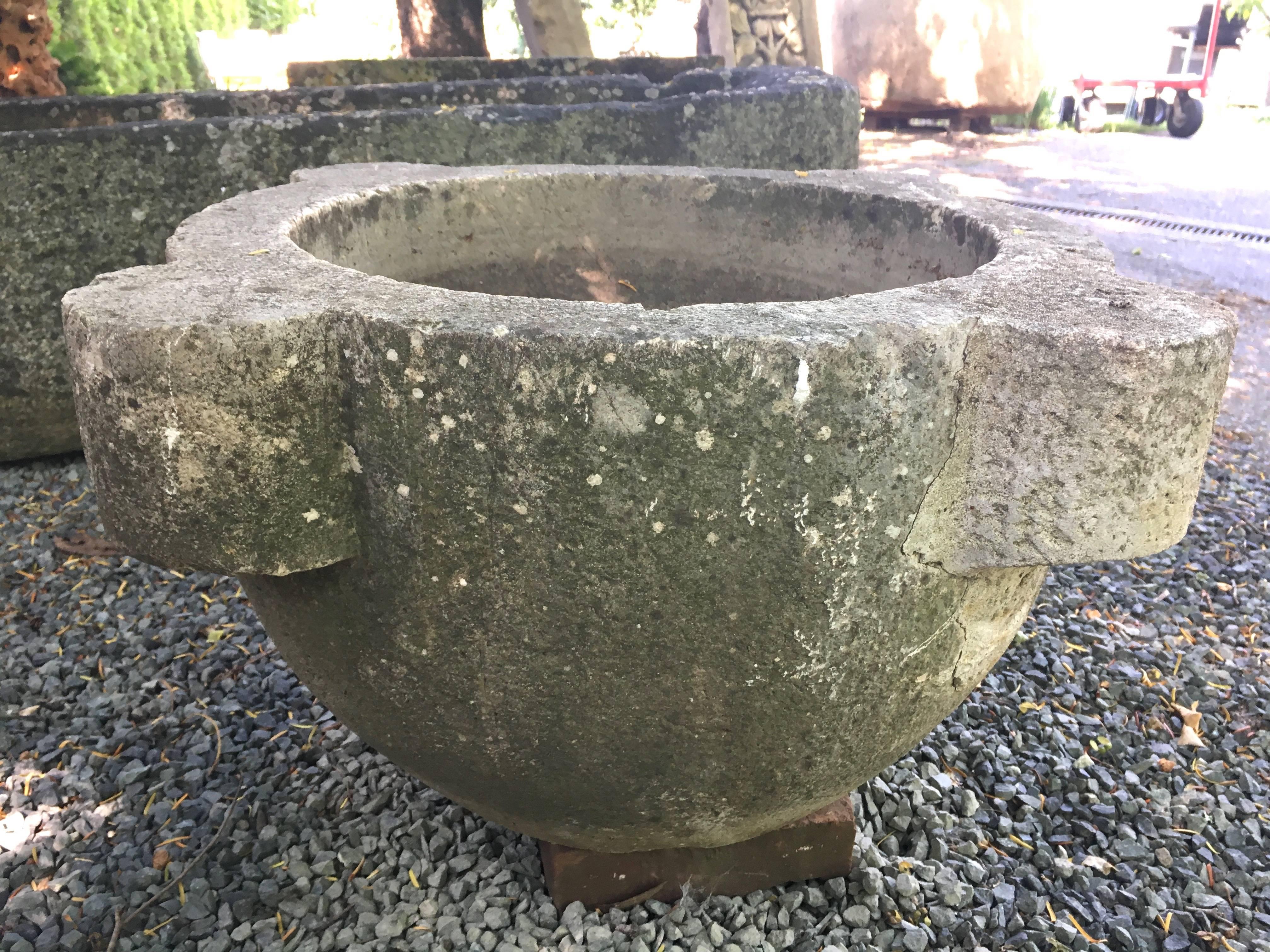 This late 18th C mortar was originally used to grind food stuffs or medicines but it is the perfect size for a planter or small fountain. Hand-carved from a hard stone from the Var region of France, it is in excellent antique condition, with a