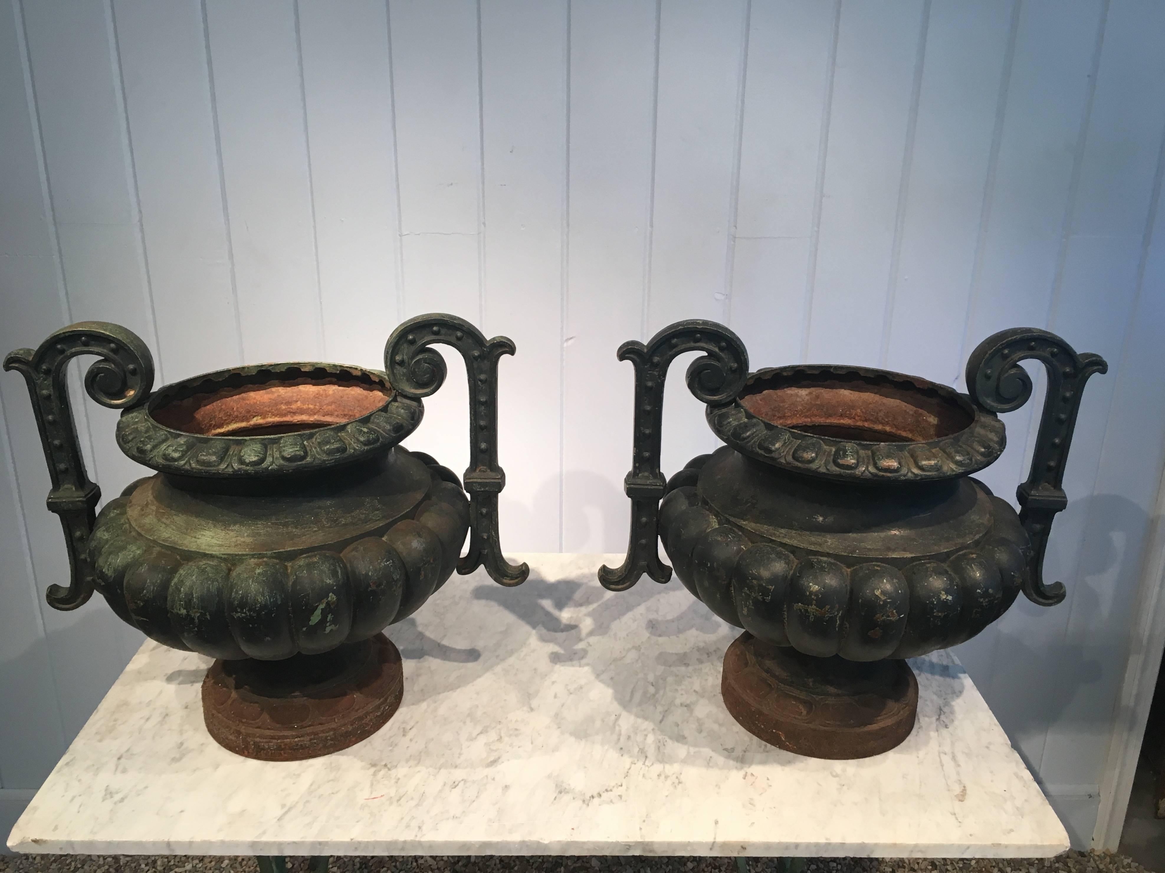 Pair of French Cast Iron Handled Urns, Signed Alfred Corneau In Excellent Condition In Woodbury, CT