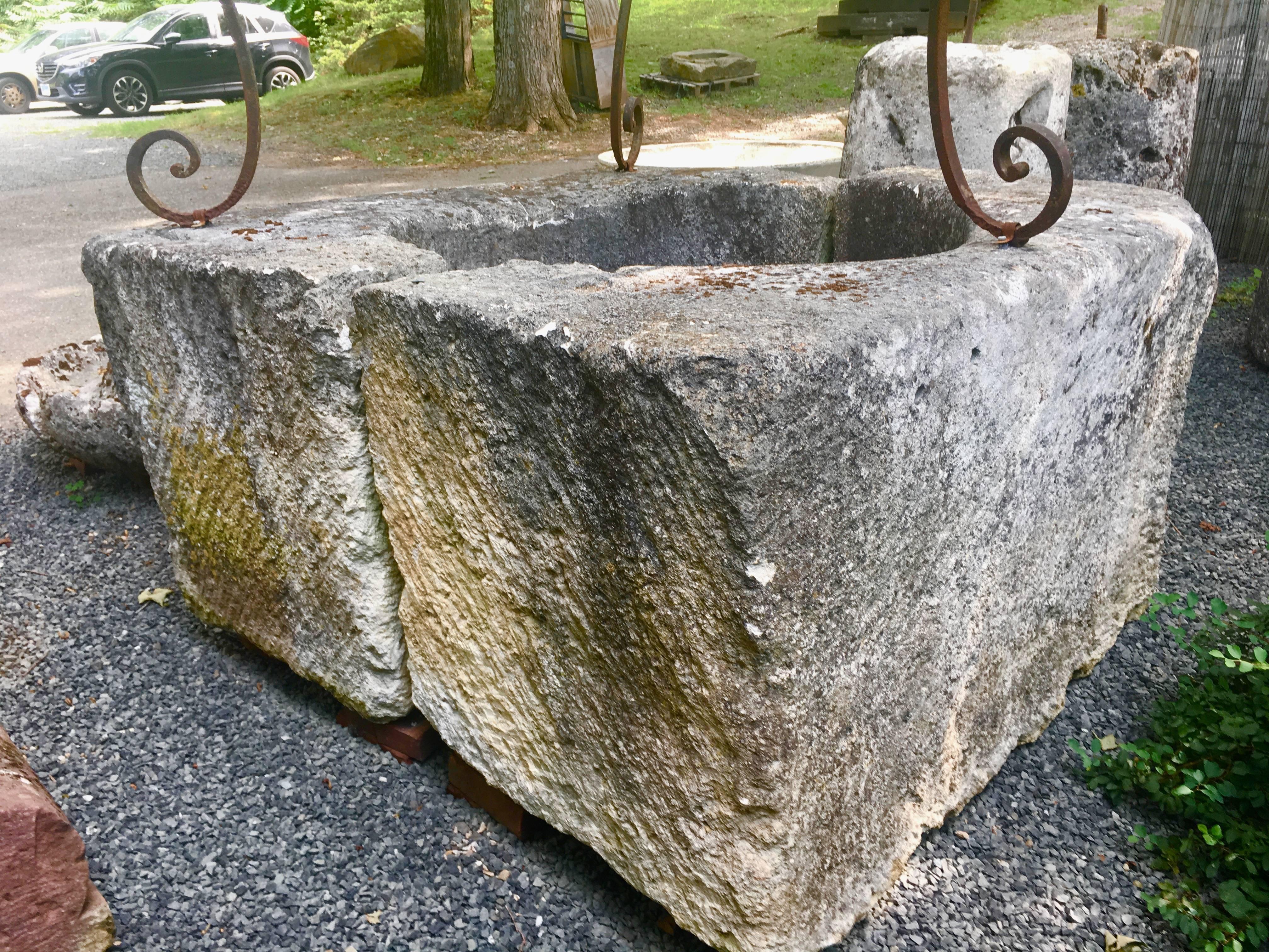 Wrought Iron Monumental 18th Century French Limestone Wellhead with Overthrow