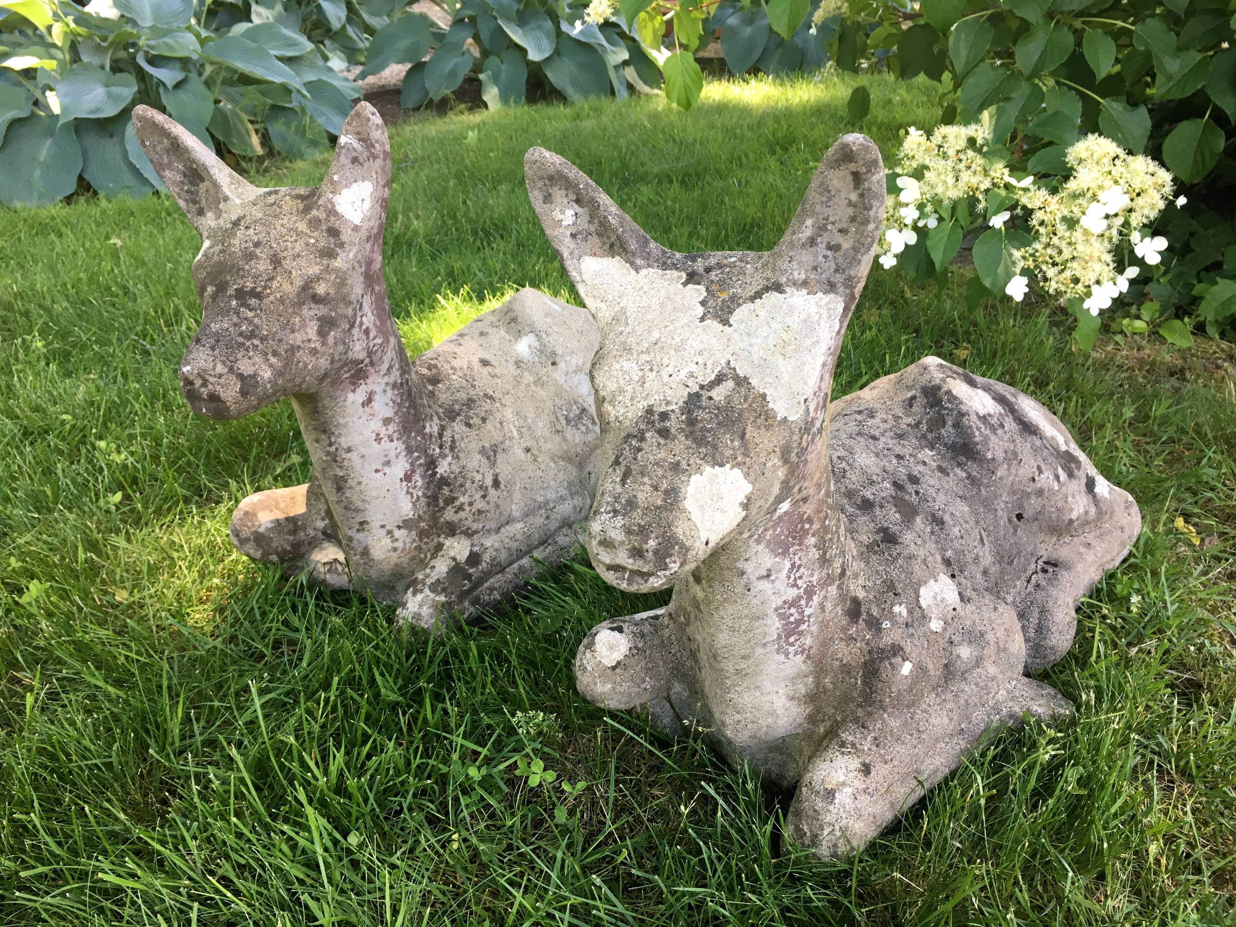 This is a lovely and identical pair of naive cast stone deer sporting heavy lichen and weathering. They would be perfect flanking your doorway or garden entrance either placed on the ground or atop a stone wall. Immaculate condition. 



