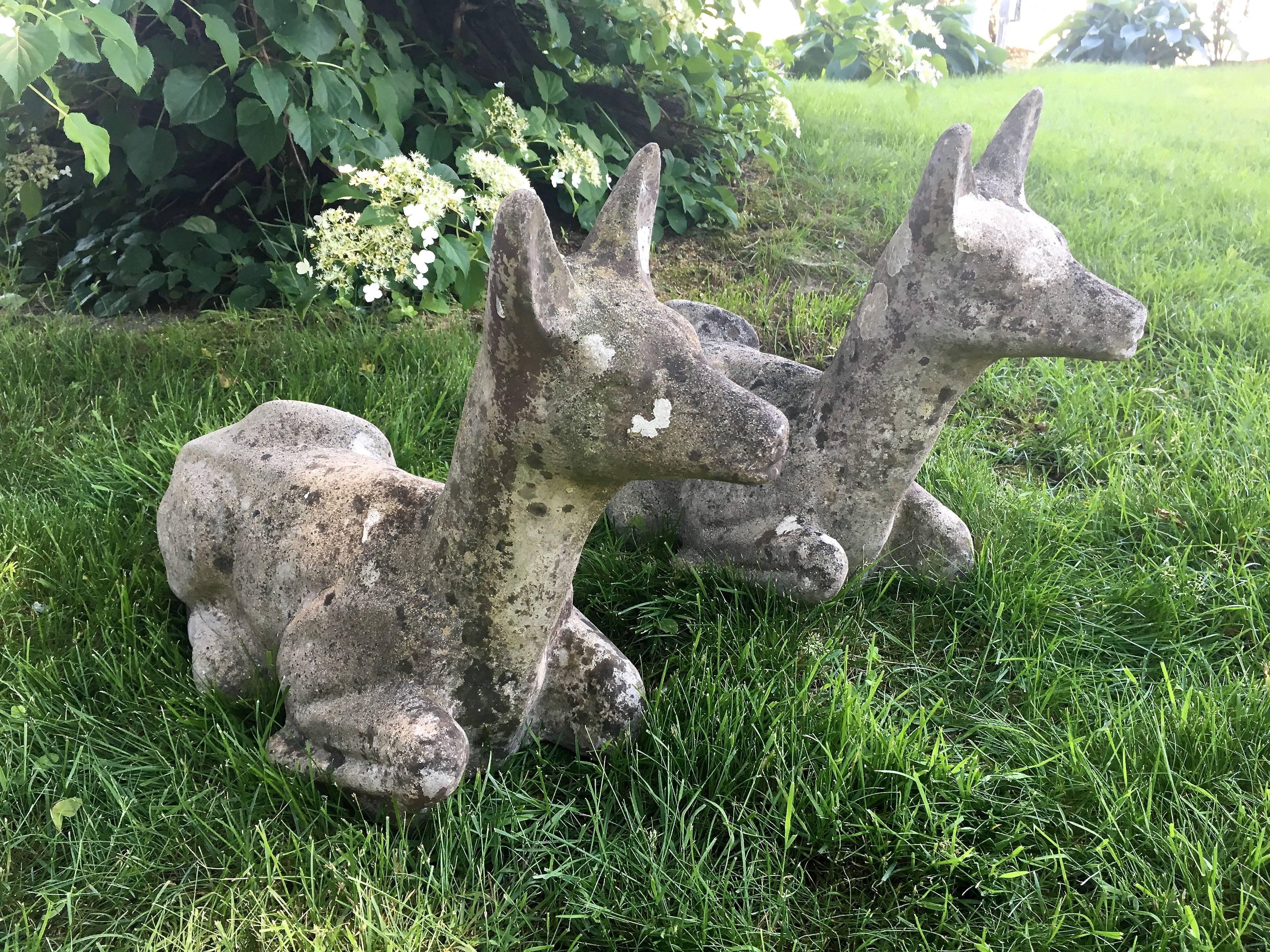 Two French Cast Stone Recumbent Deer In Excellent Condition In Woodbury, CT