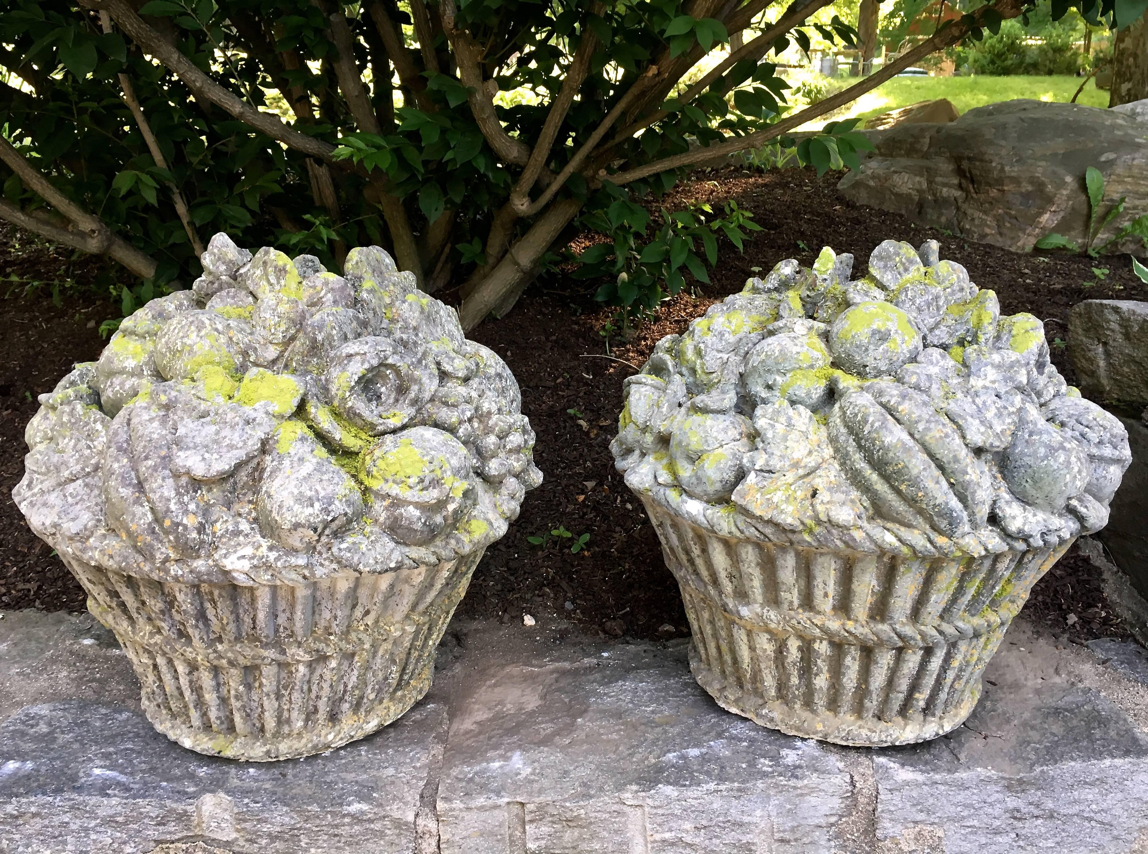 Contemporary Pair of Large French Cast Stone Fruit Baskets