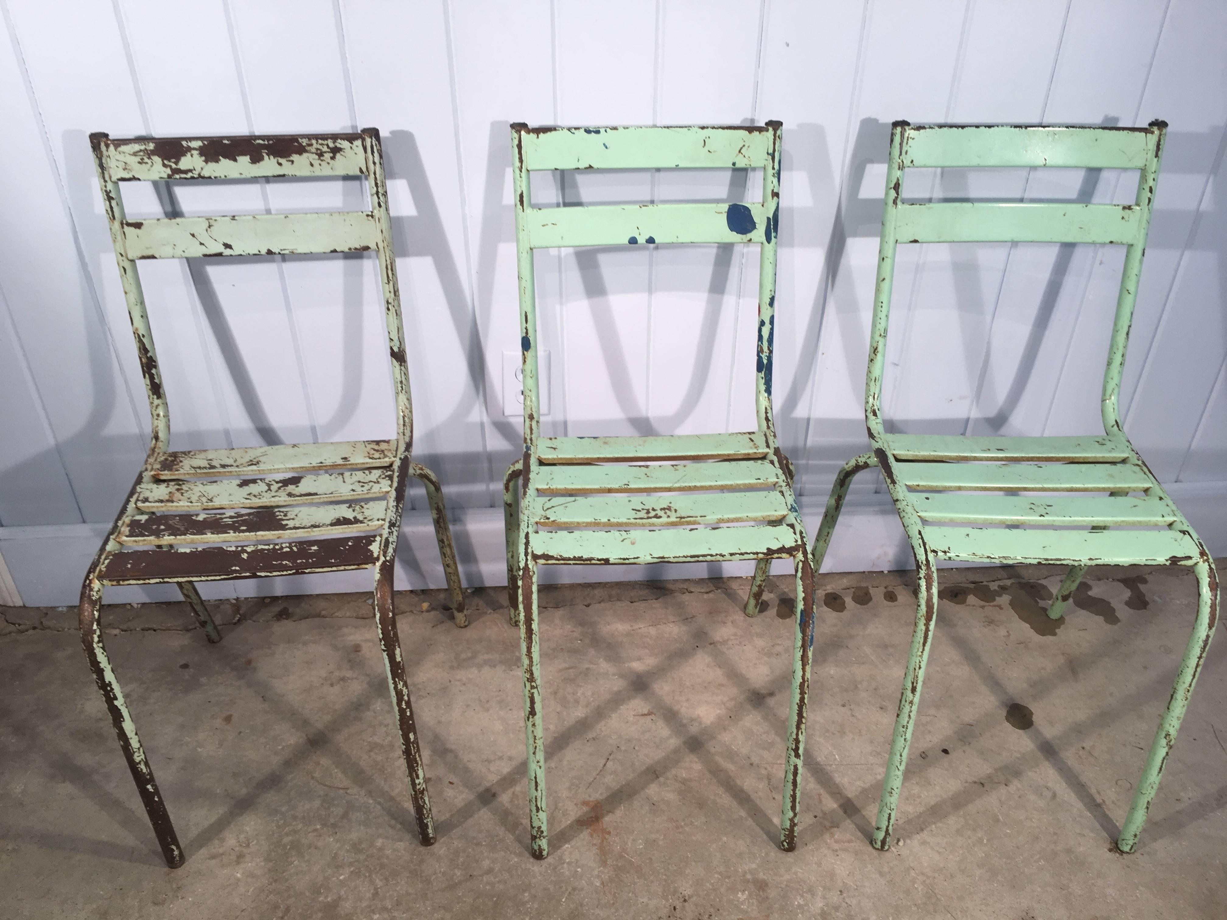 Industrial Set of Six French Painted Steel Garden Chairs