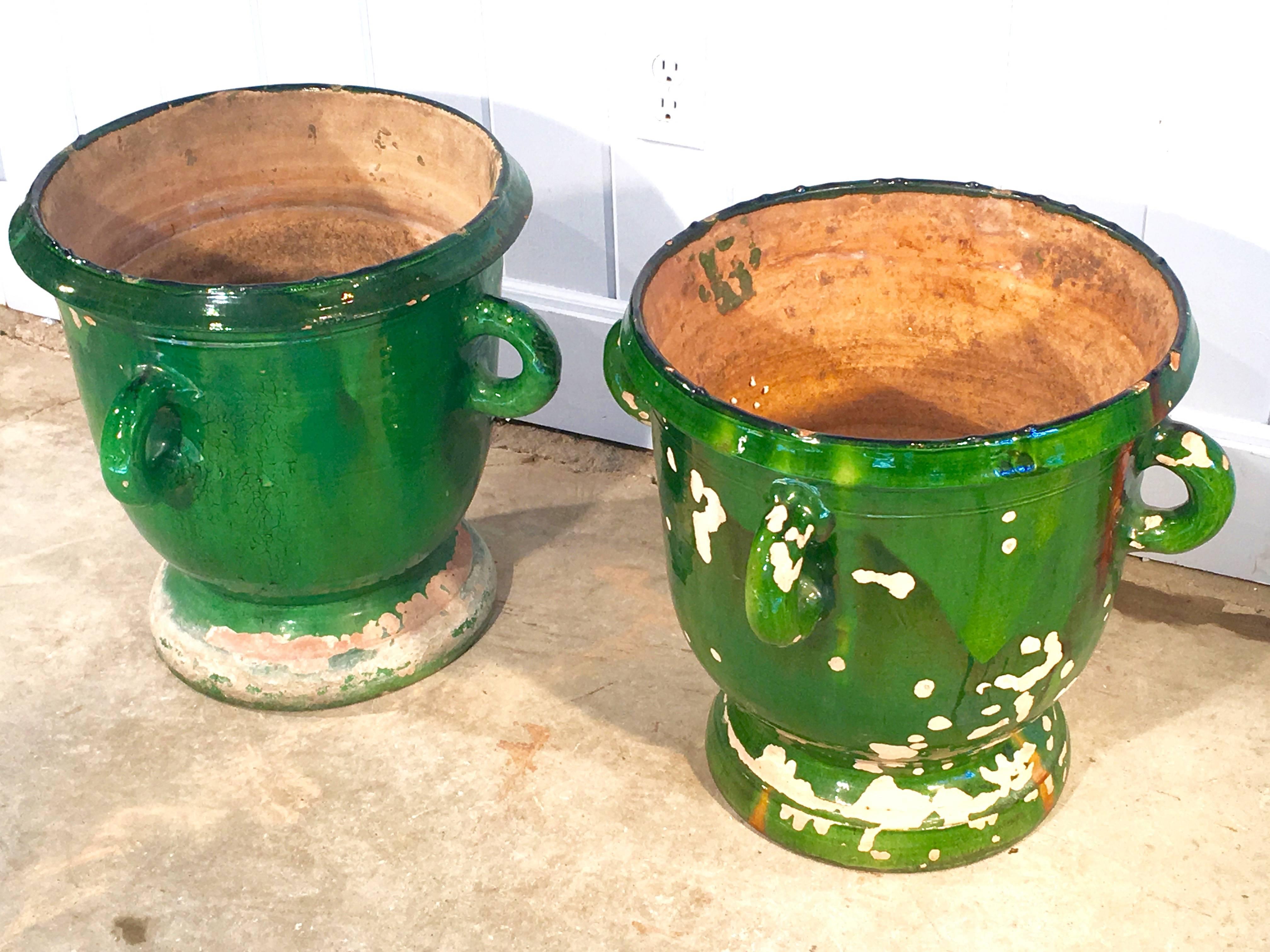 Hand-Crafted Pair of Small Green-Glazed 19th Century French Castelnaudary Pots