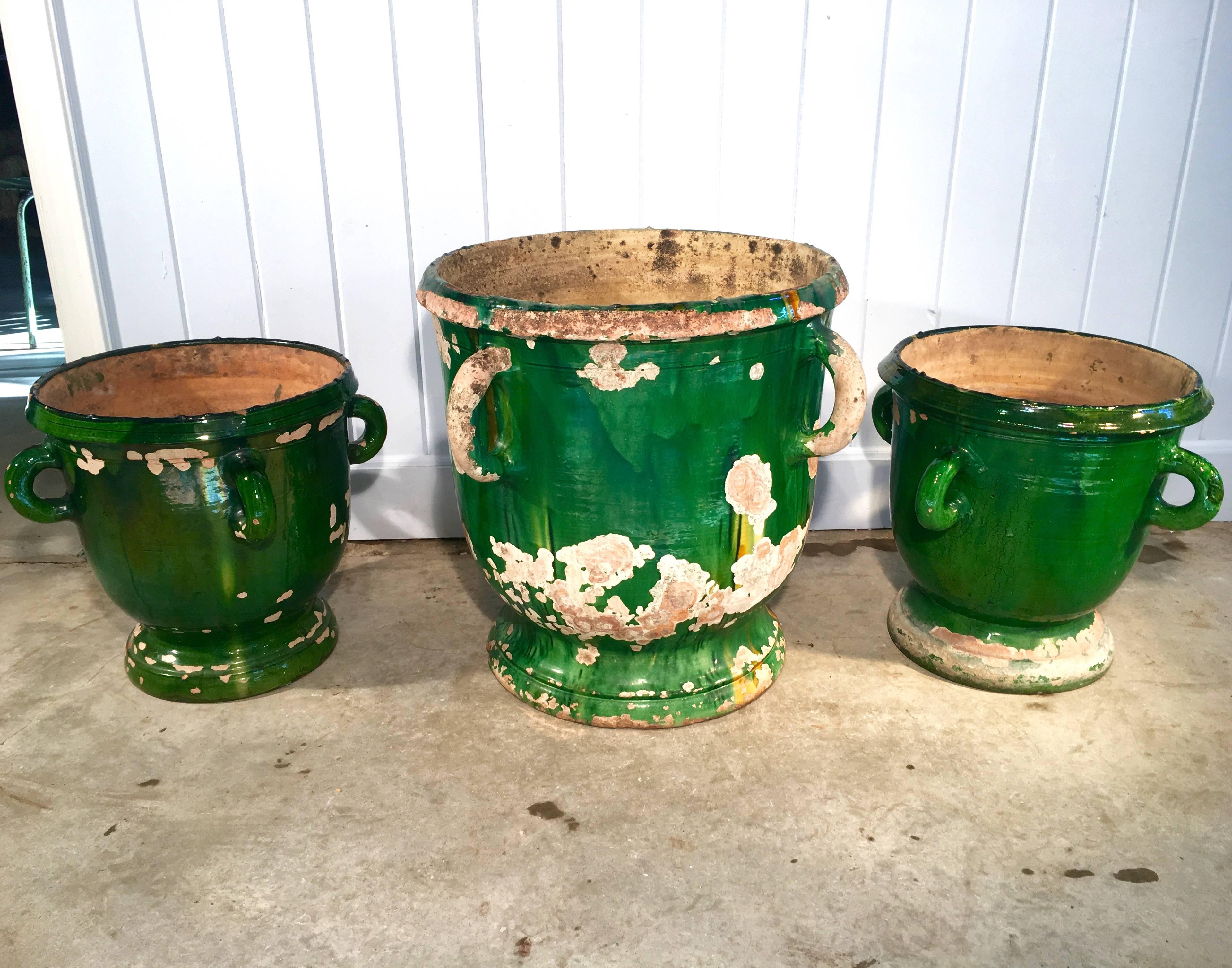 Terracotta Pair of Small Green-Glazed 19th Century French Castelnaudary Pots