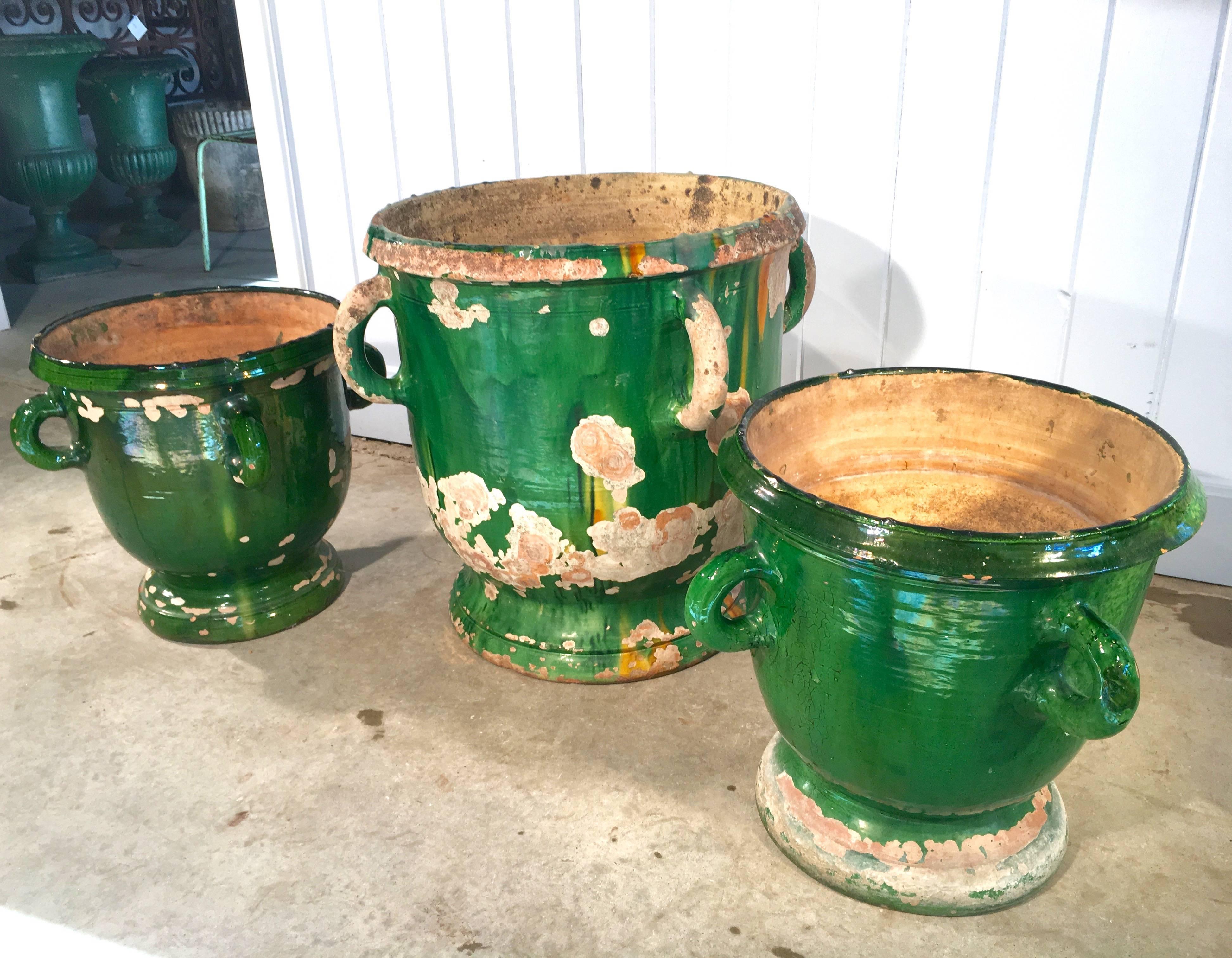 Pair of Small Green-Glazed 19th Century French Castelnaudary Pots 2