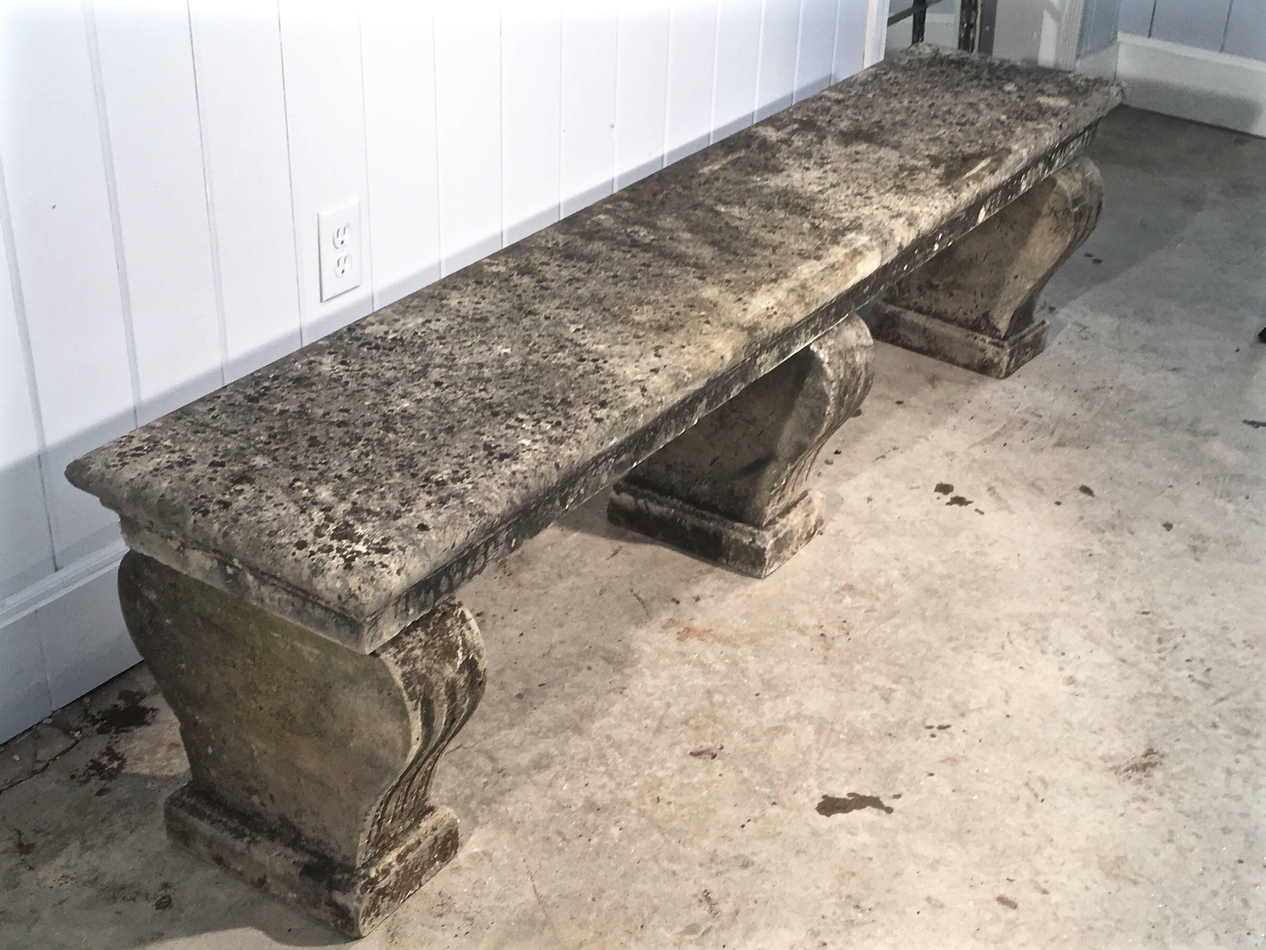 Neoclassical Long French Carved Limestone Bench with Three Supports