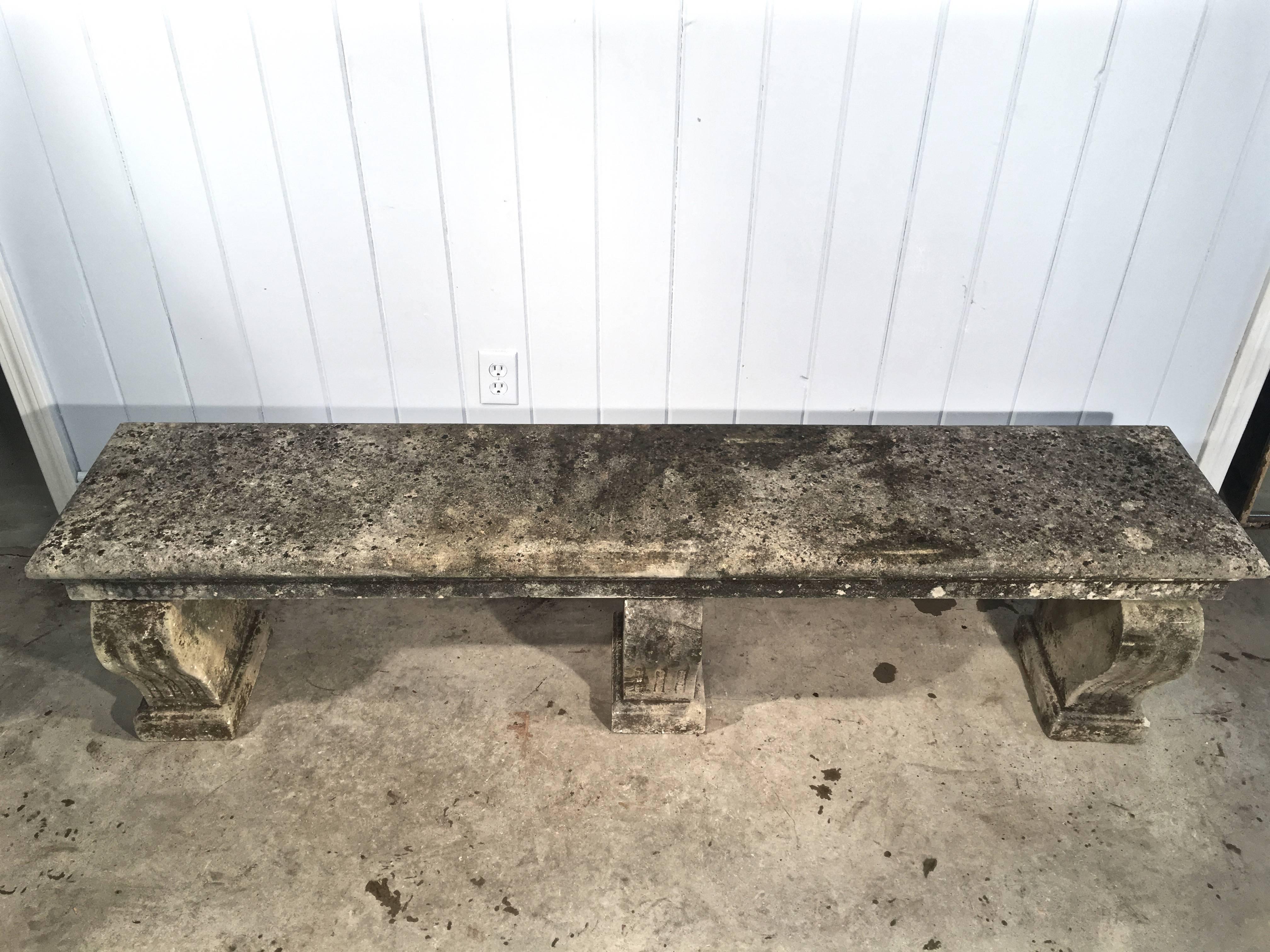 Hand-Carved Long French Carved Limestone Bench with Three Supports