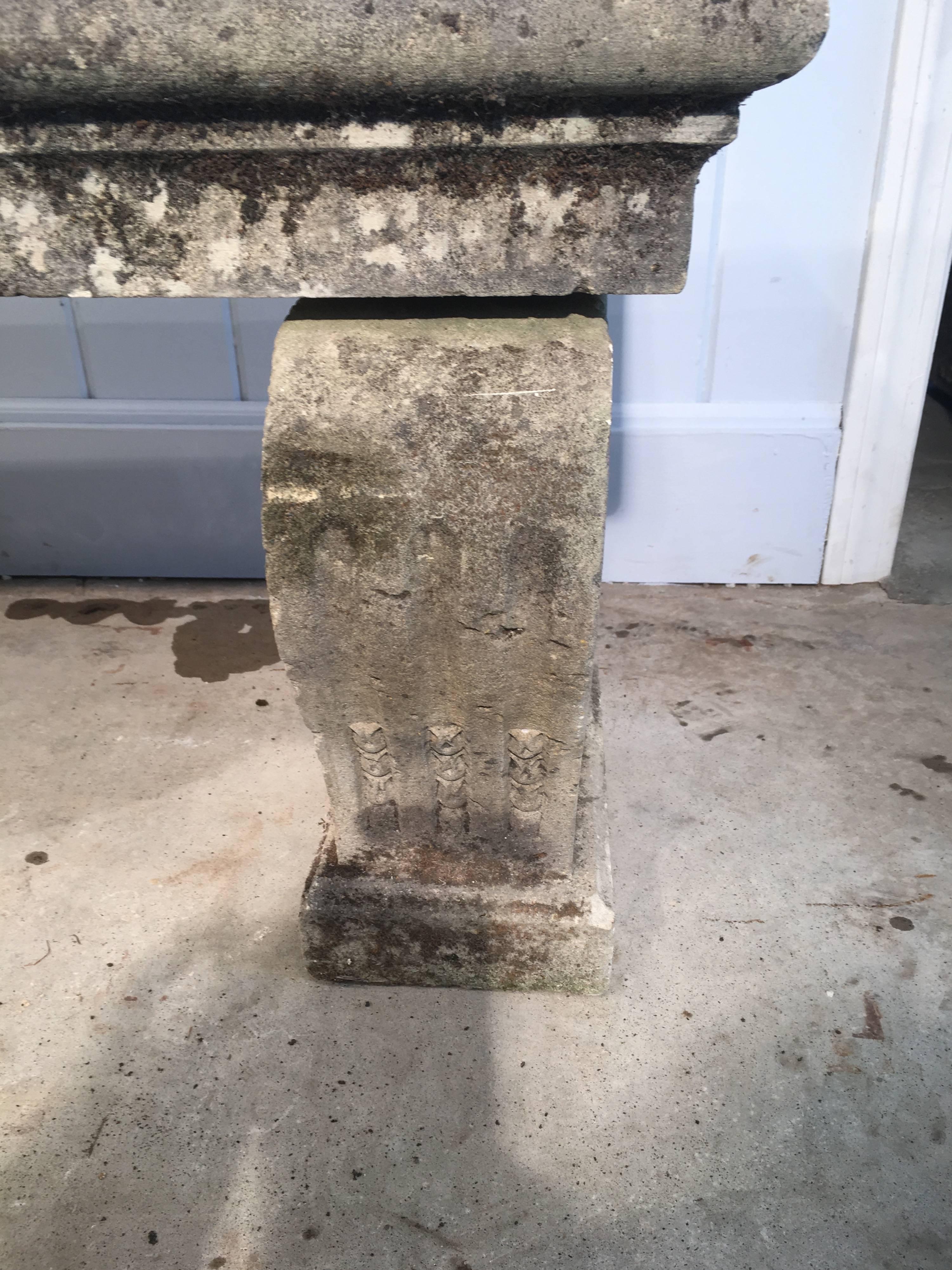 Long French Carved Limestone Bench with Three Supports 1