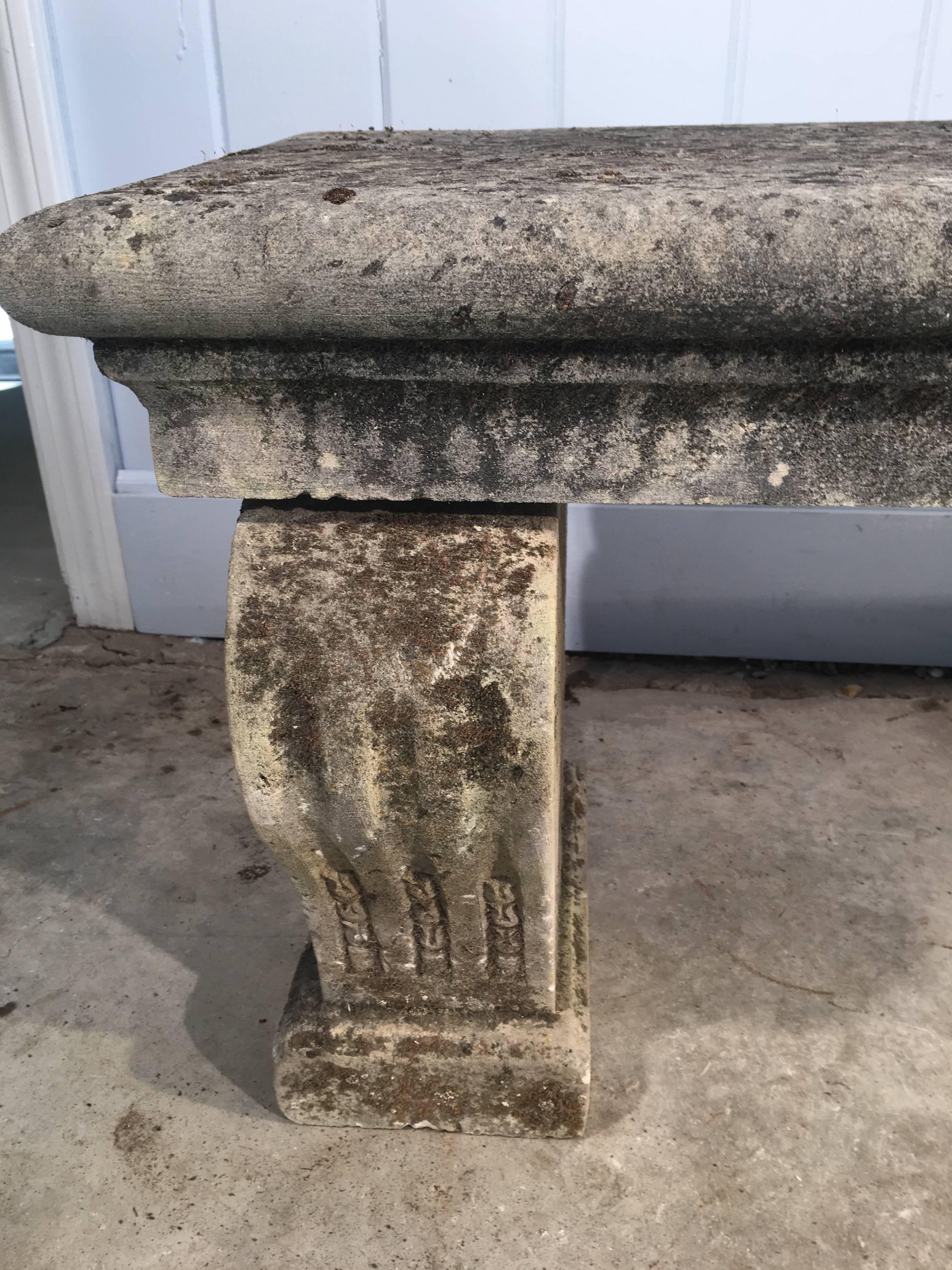 Long French Carved Limestone Bench with Three Supports In Excellent Condition In Woodbury, CT