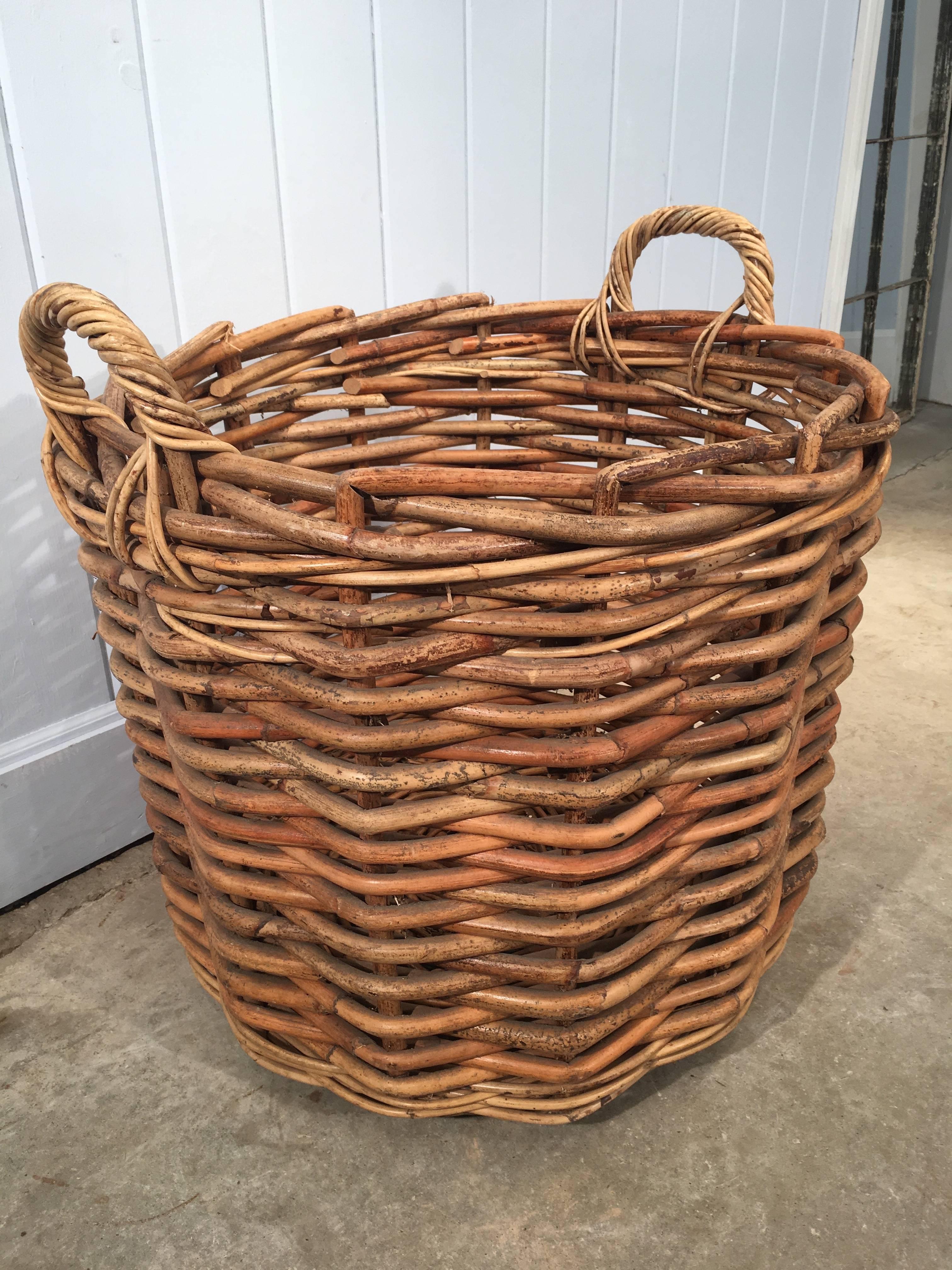 We buy old French boulangerie baskets when and wherever we can find them and this one is particularly nice. Handwoven of a thick wicker, it has strong handles, a very solid bottom and a lovely warm clean patina. Great as a decorative item by the