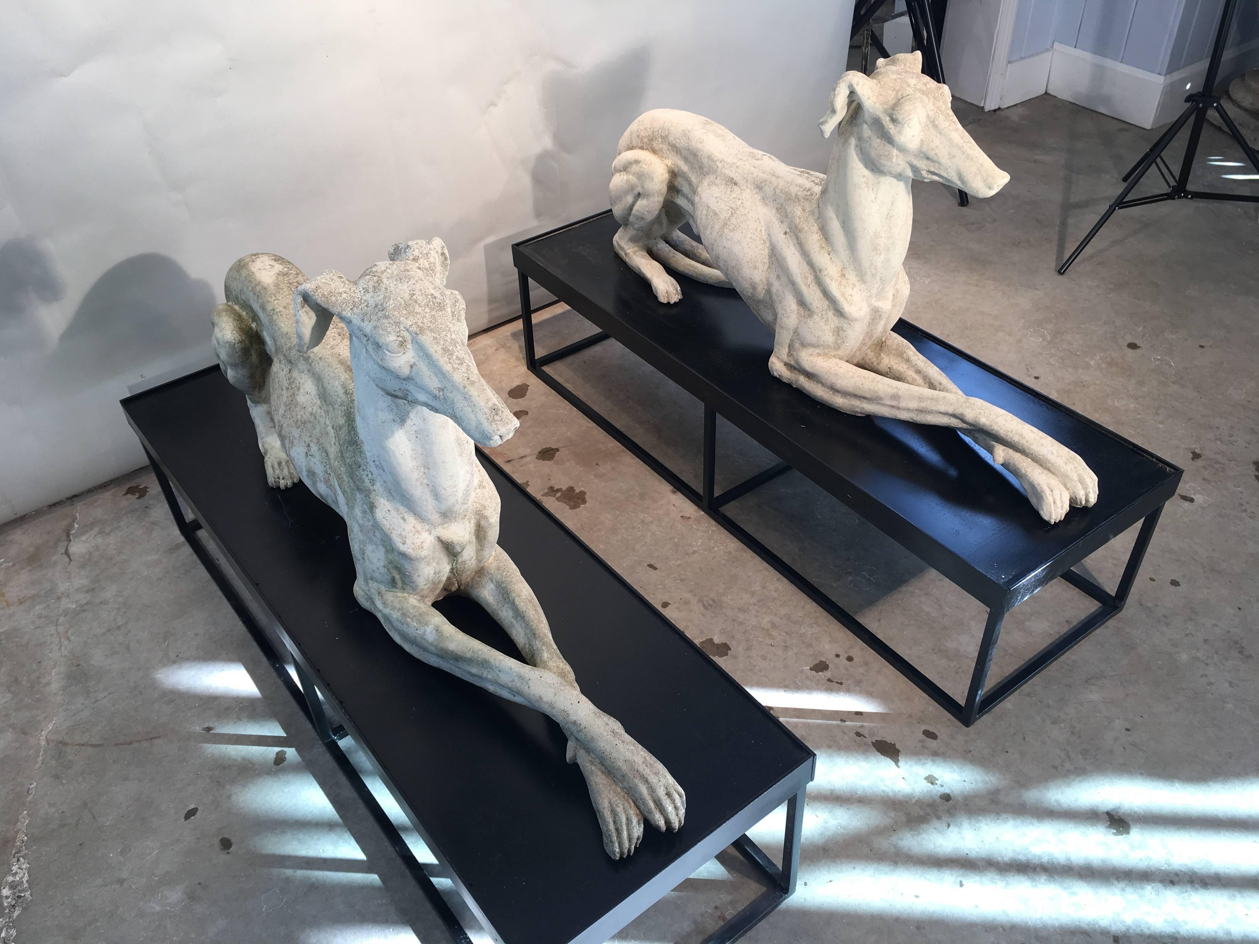 Neoclassical Pair of Life-Sized Cast Marble Greyhounds