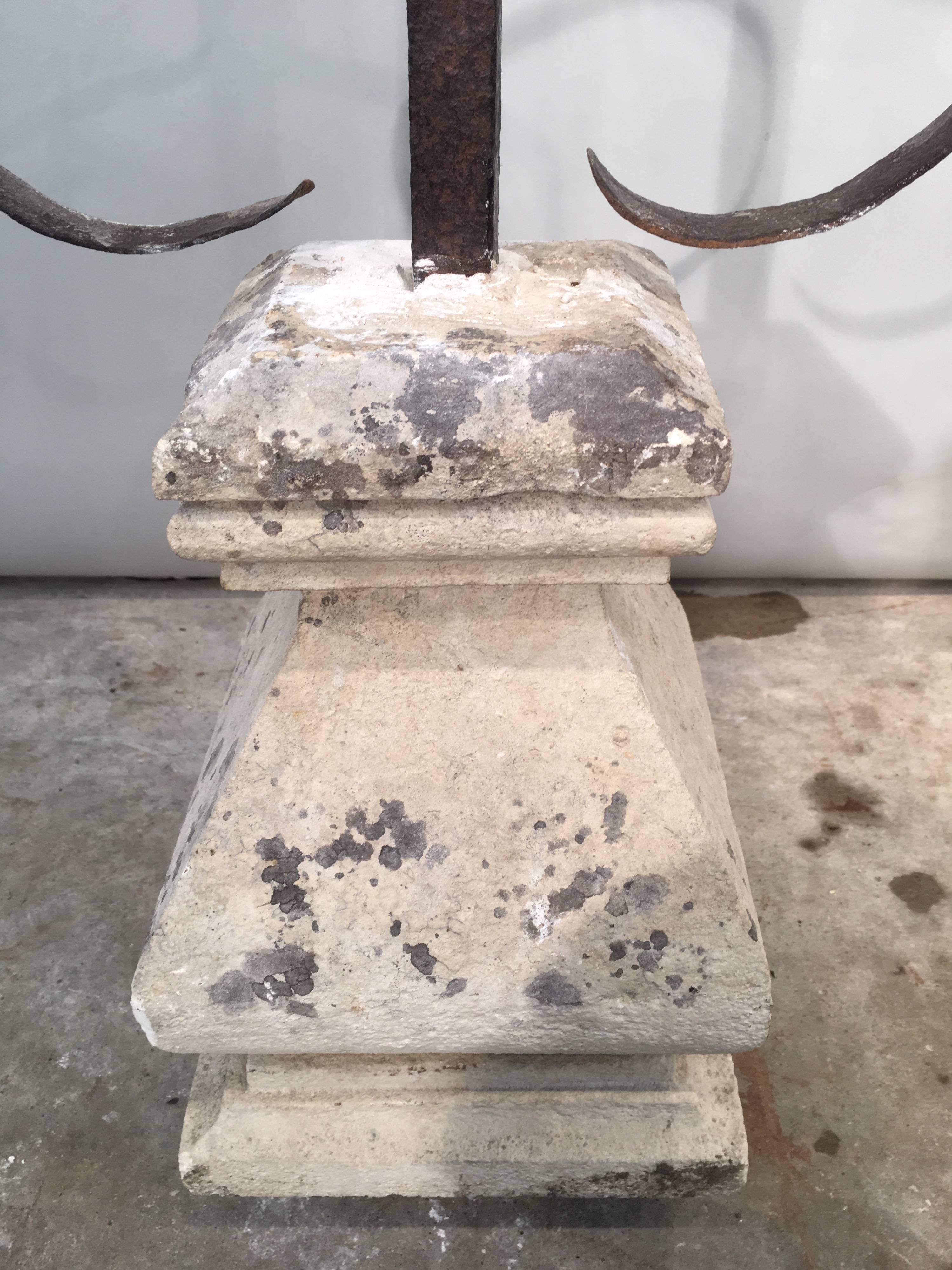 18th Century French Wrought Iron Wolf Head Weathervane in Stone Base For Sale 4
