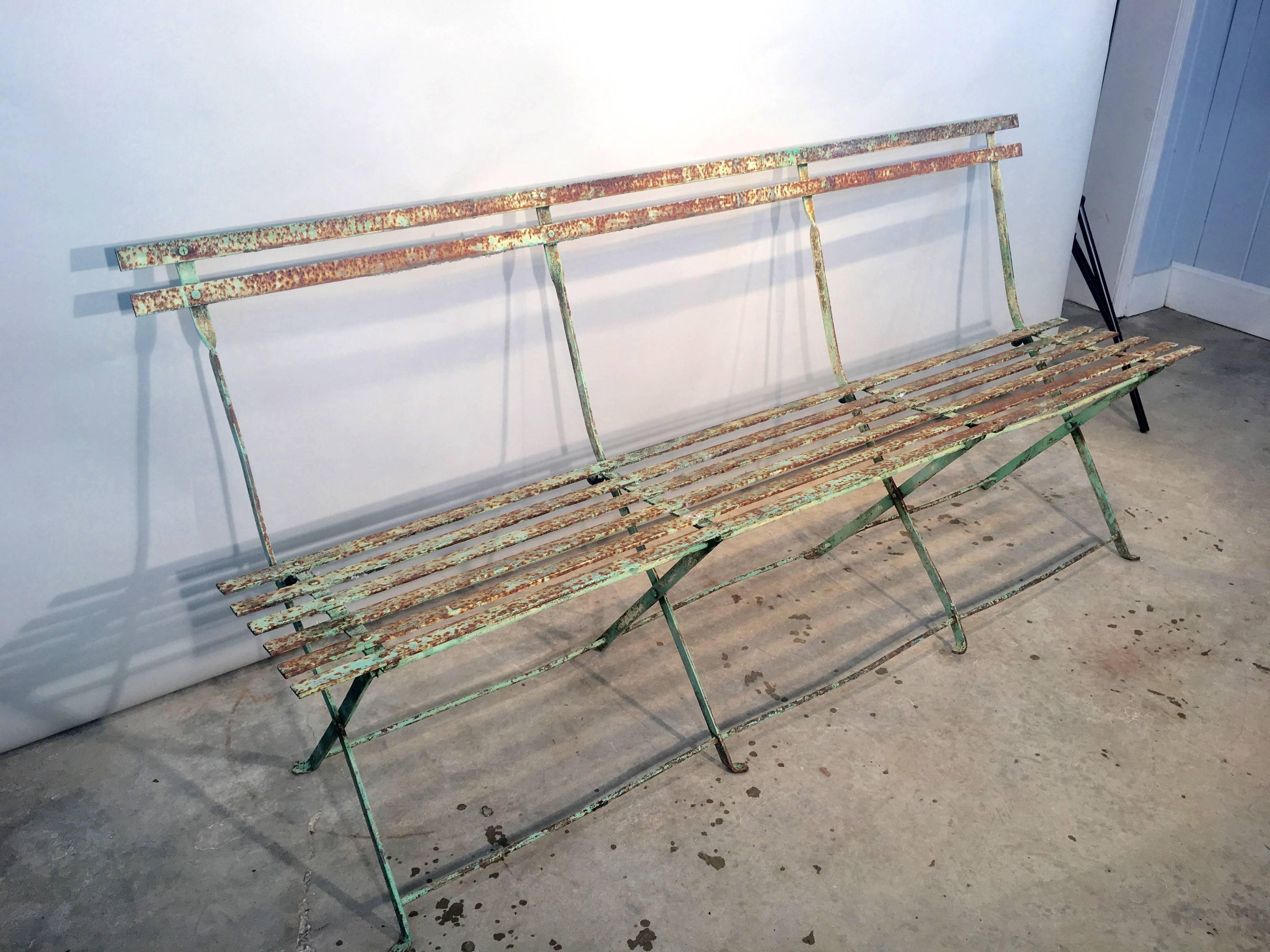 Hand-Crafted Rare French Folding Wrought Iron Bench in Original Paint