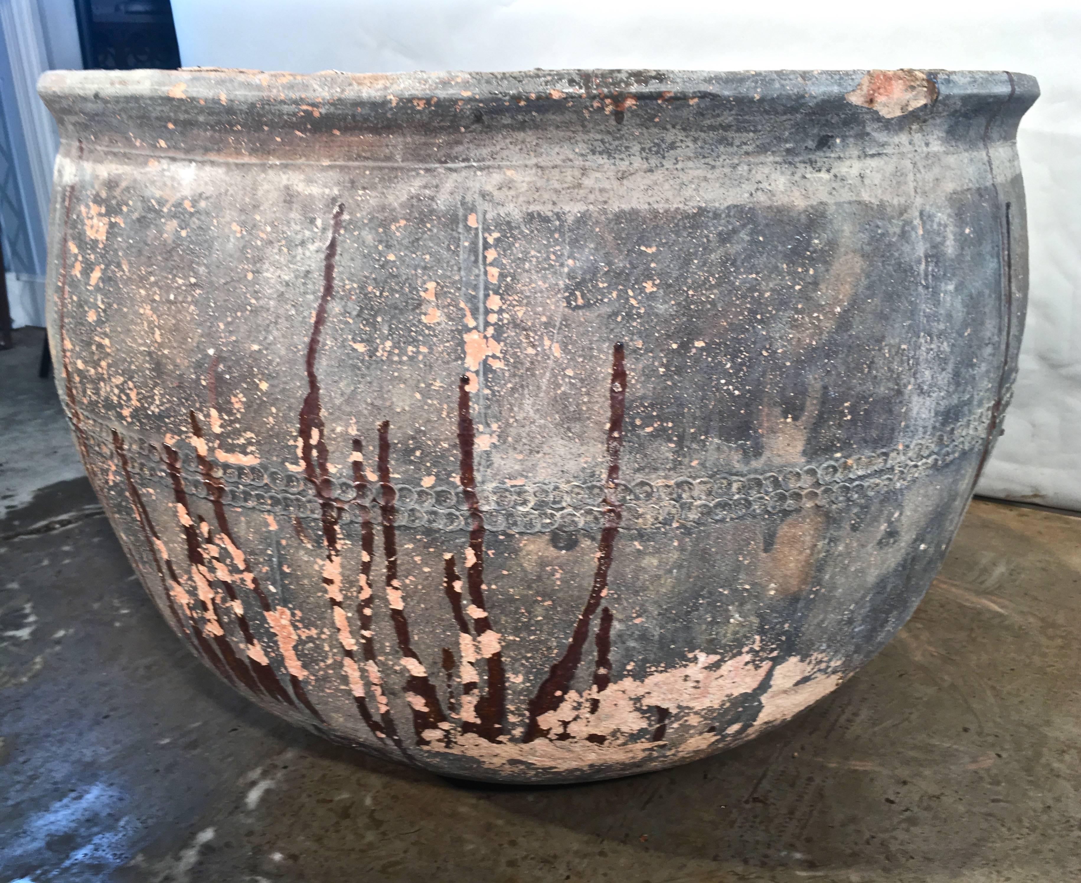 Very Large Round French Glazed Terracotta Pot In Fair Condition In Woodbury, CT