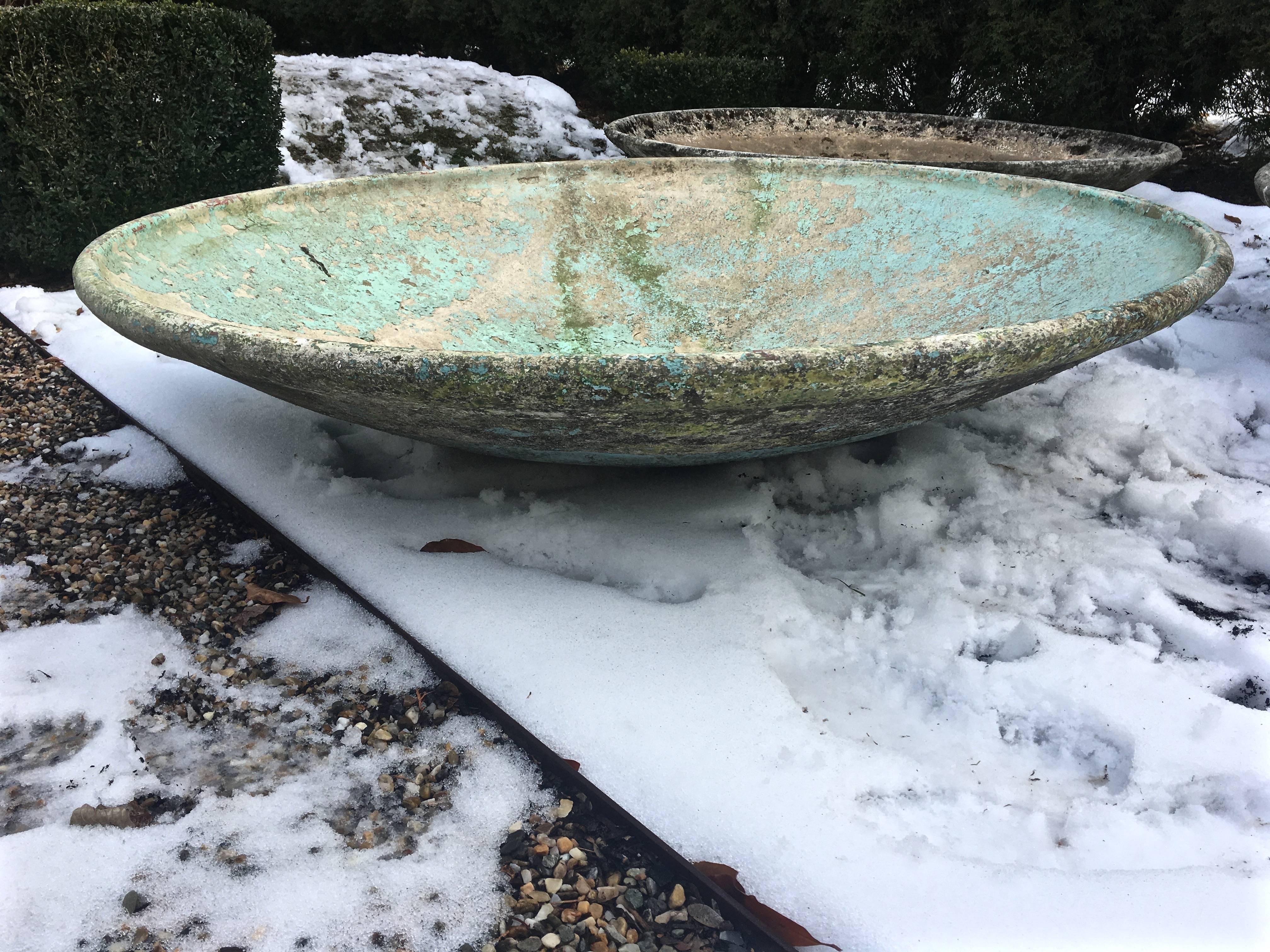 We were fortunate enough to be able to score three of these enormous saucer planters, all in wonderful condition and with beautifully aged patina. Two have sold and only the one with chippy aqua paint remains. Numbered (and so an authenticated Willy