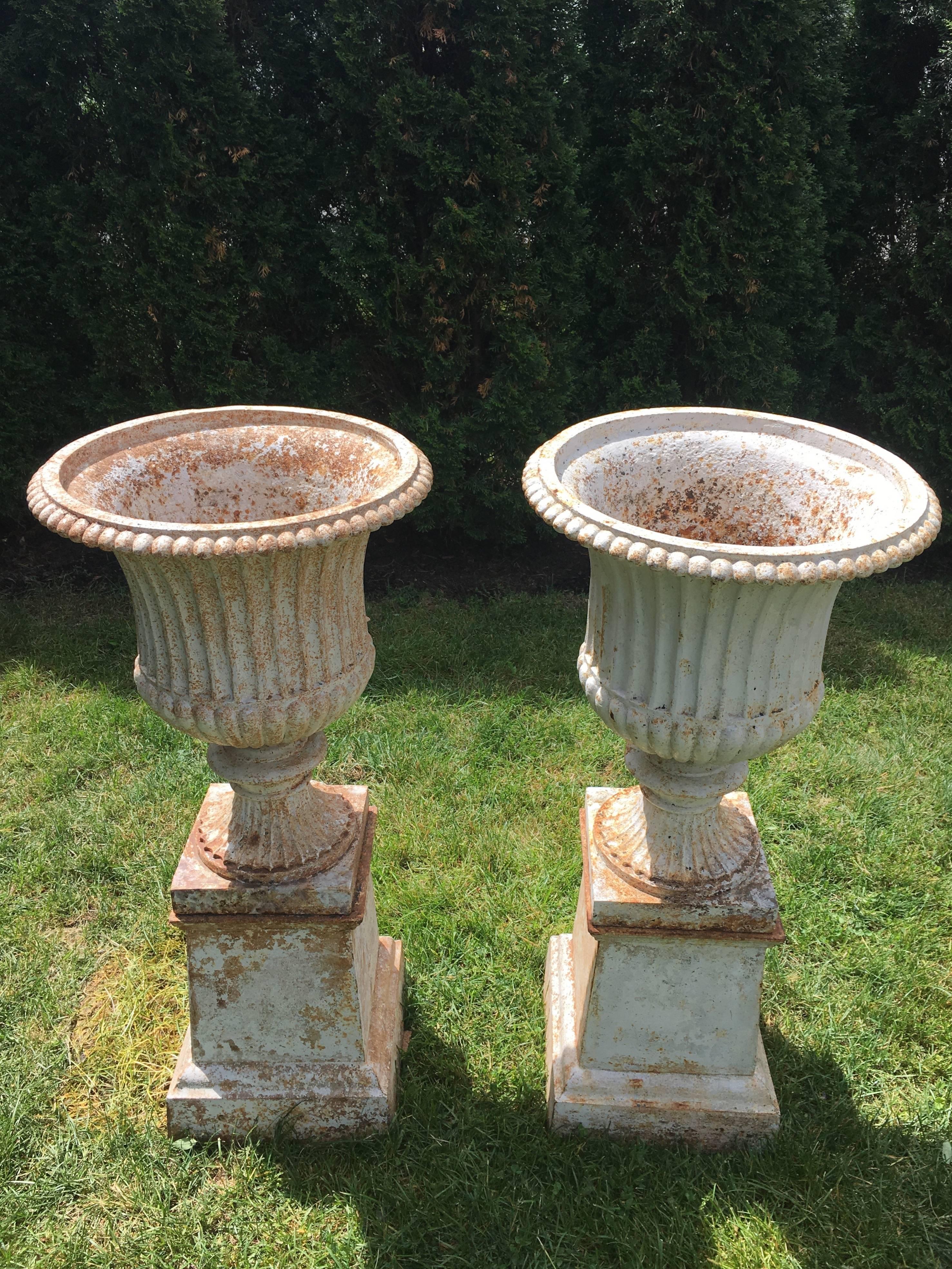 Classical Pair of 19th Century Cast Iron Campana Urns on Original Plinths In Good Condition In Woodbury, CT