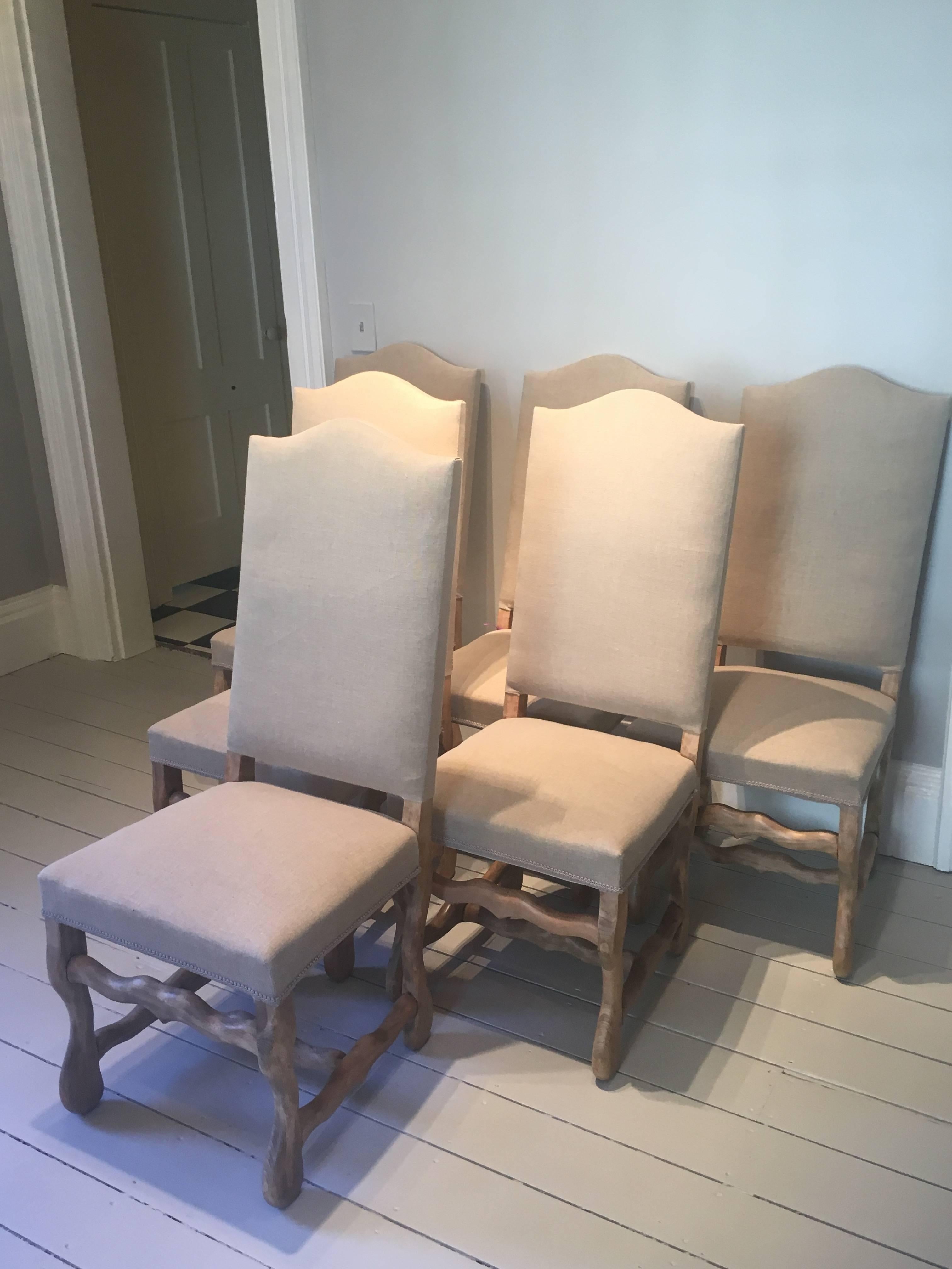 Linen Set of Six Beech Louis XIII-Style Os de Mouton Dining Chairs