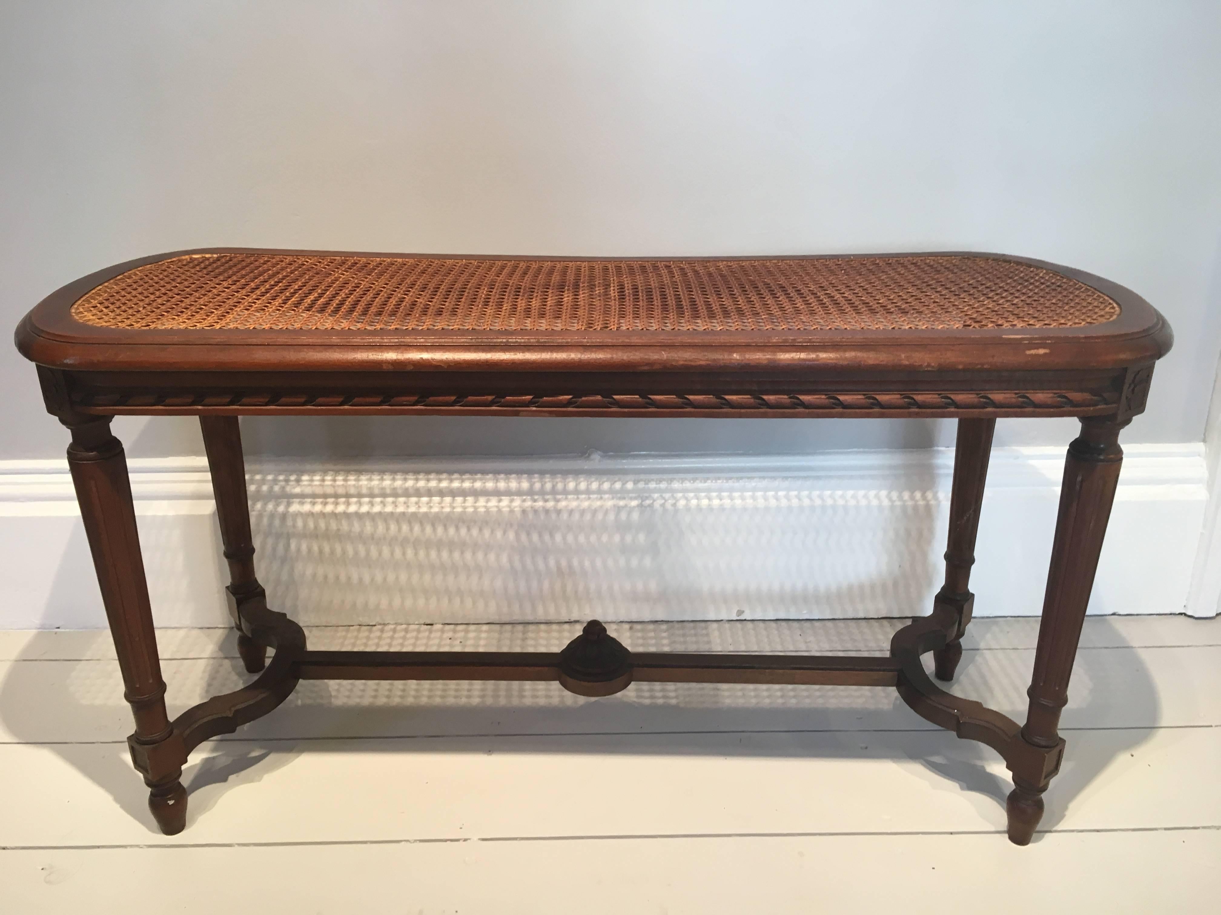 Hand-Carved French Louis XVI Style Caned Walnut Bench