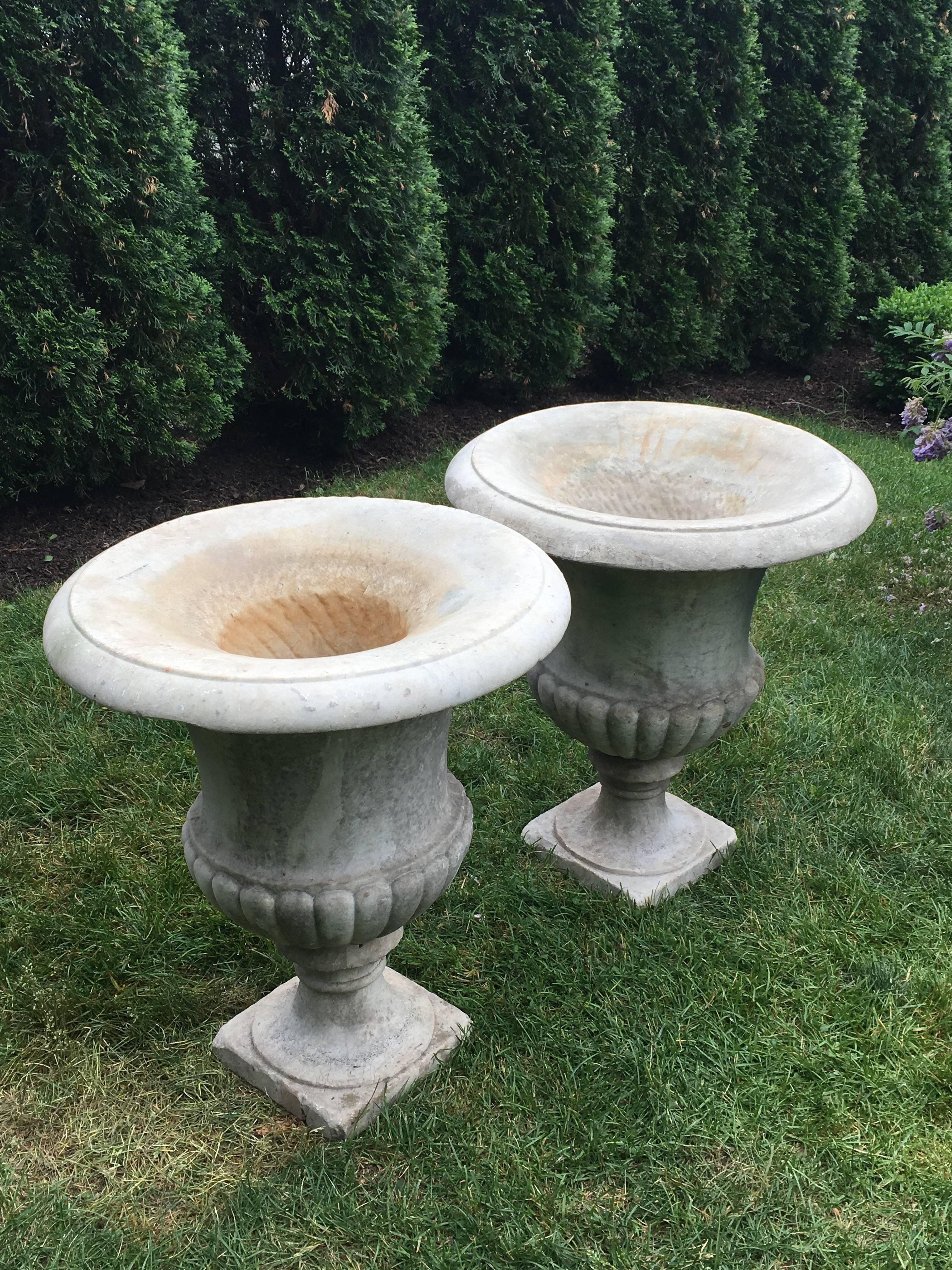American Large Pair of Hand-Carved 19th Century Marble Urns