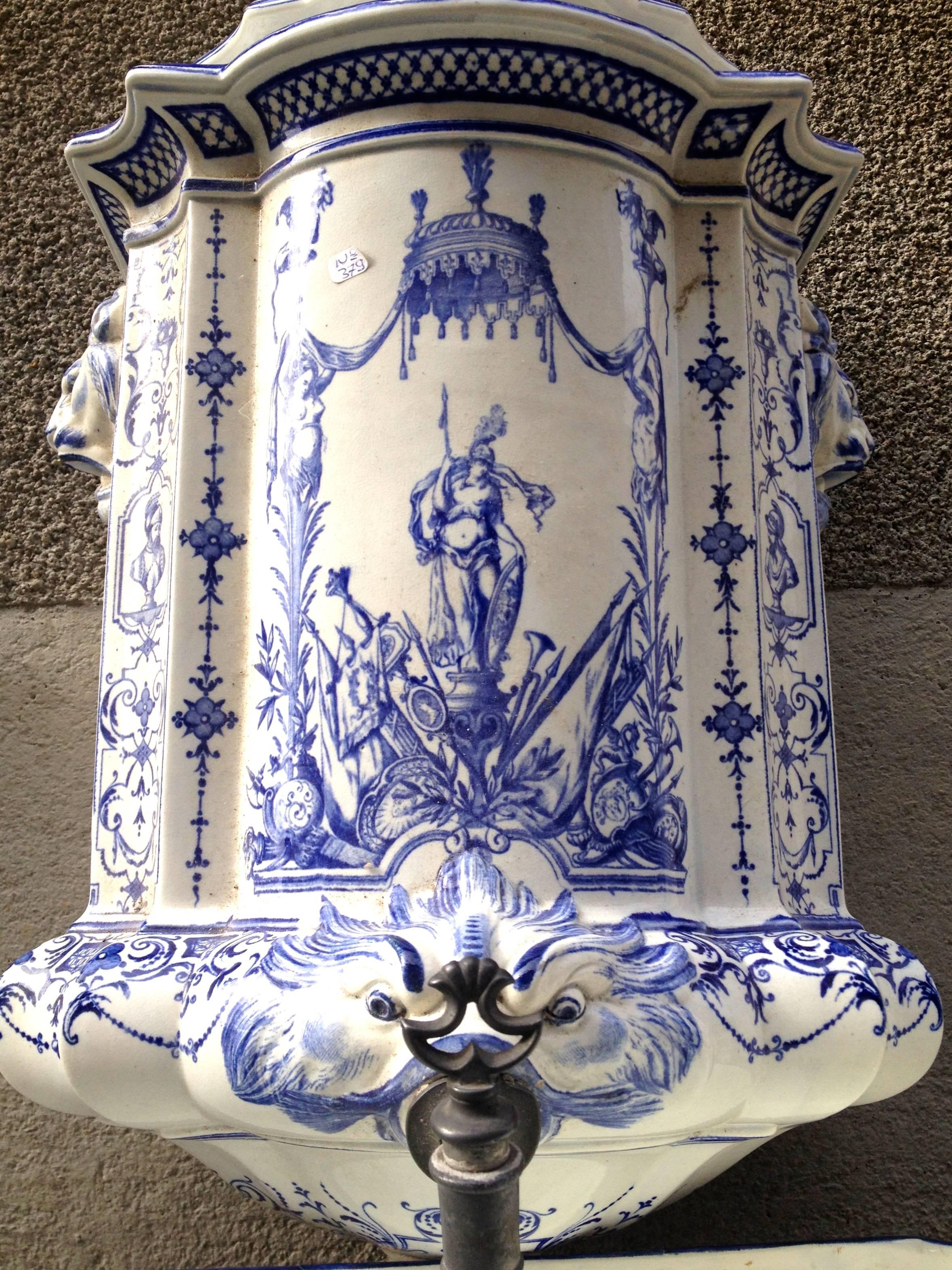 This rare blue and white lavabo in three parts was made by the renowned French faience producer Moustiers, founded in 1738. It is marked "JVC Moustiers" on the underside of the basin, and according to archival research, was made by Antoine